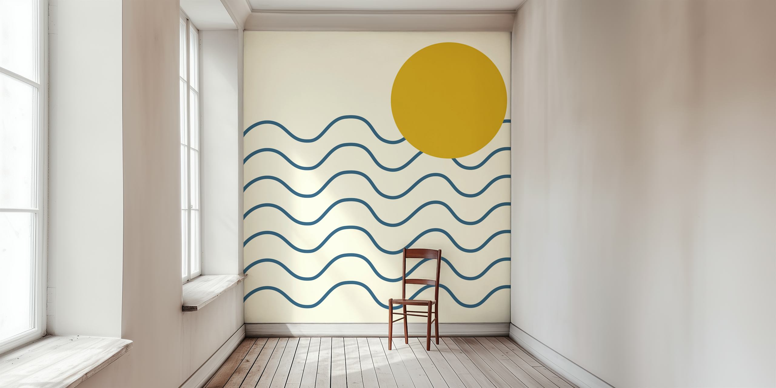 Tapeta Minimalist Coastal Sun and Waves w pokoju