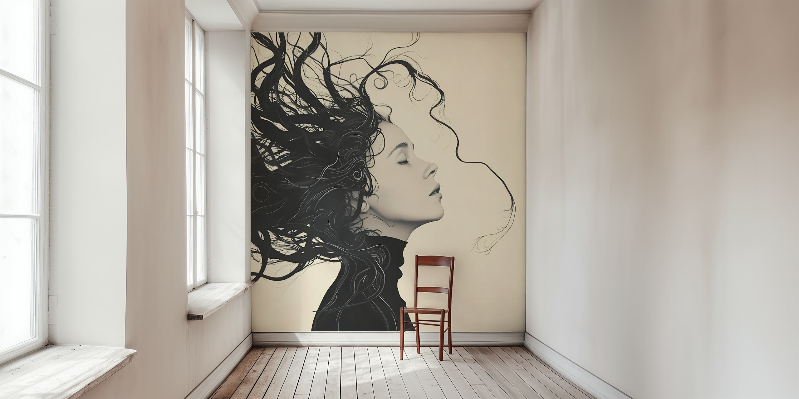 Profile of a woman with flowing hair in black and white wallpaper