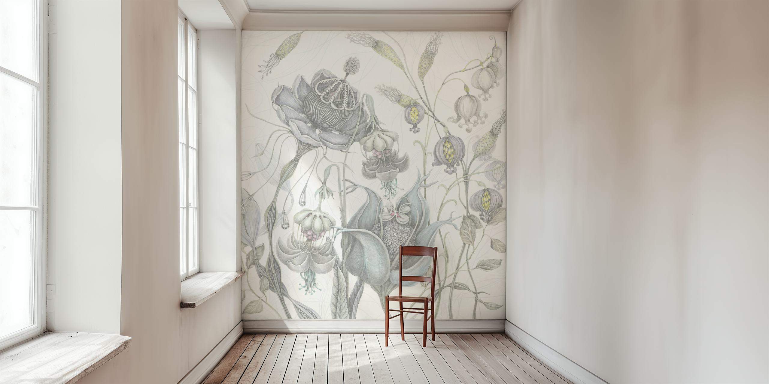 White and gray floral design wallpaper with delicate botanical illustrations