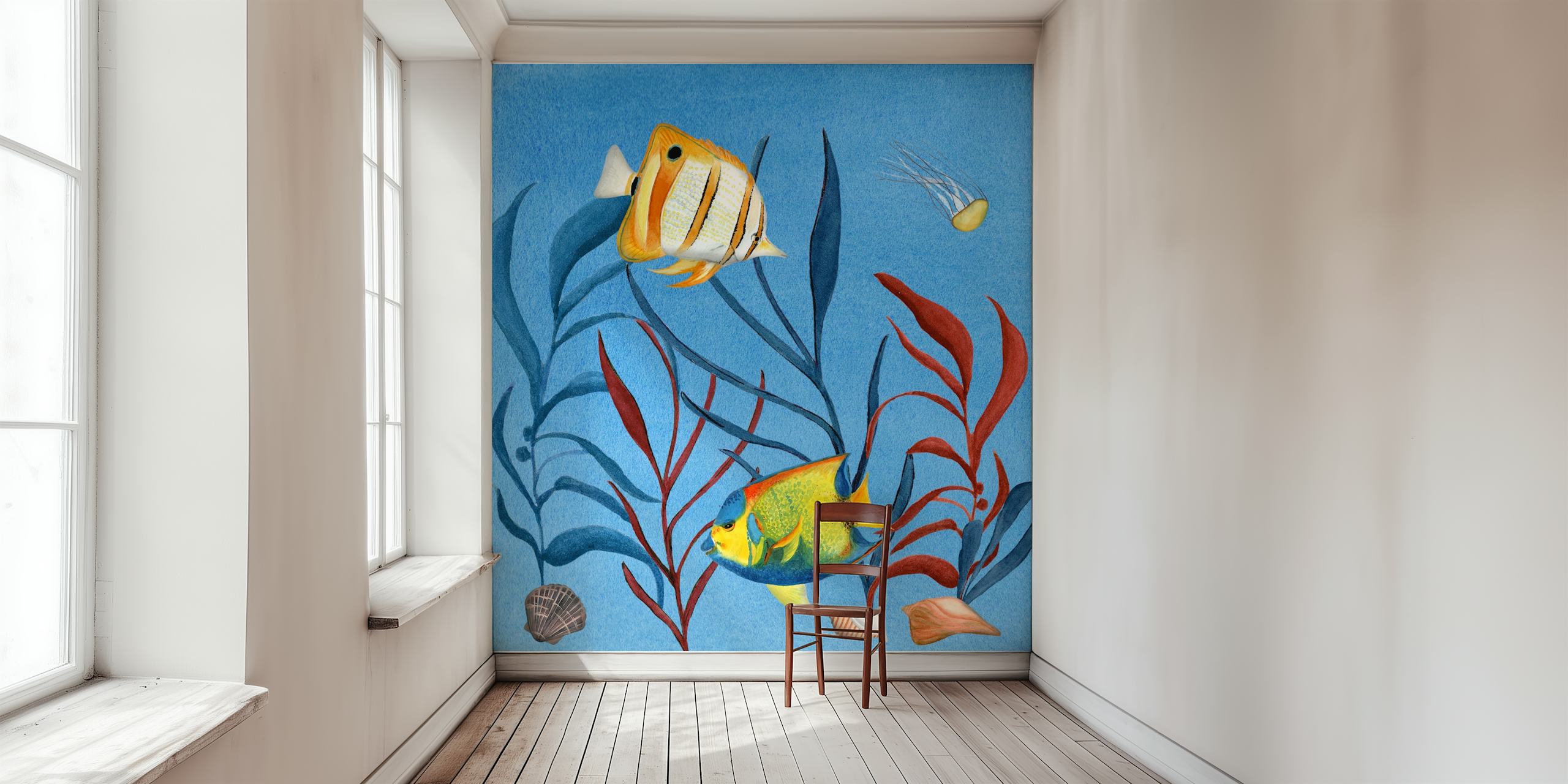 Colorful fish and seaweed pattern on blue background wallpaper