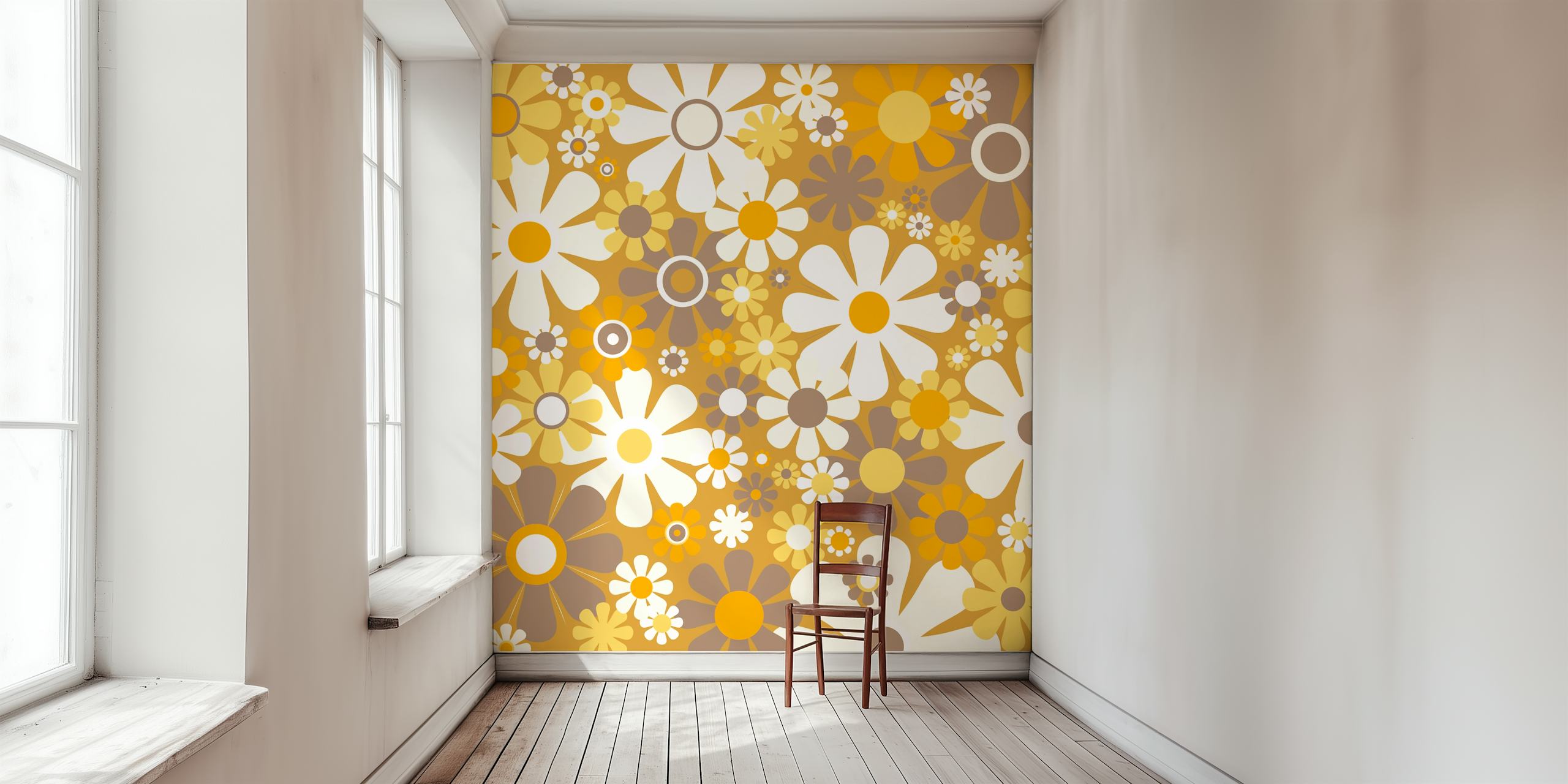Design de papel de parede Groovy Retro Garden 70s Floral Pattern Ochre