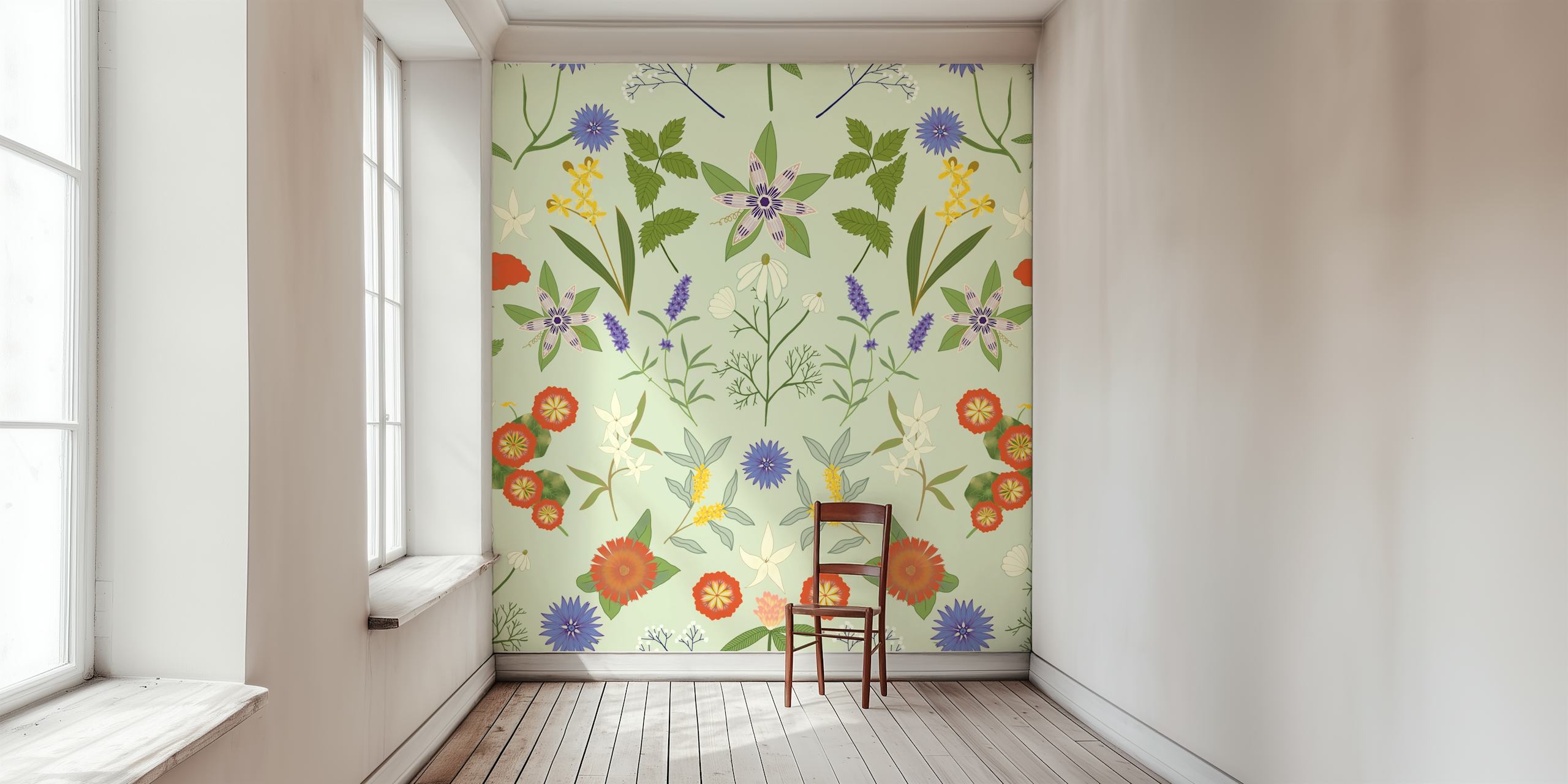 Colorful floral patterns on soft green background wallpaper