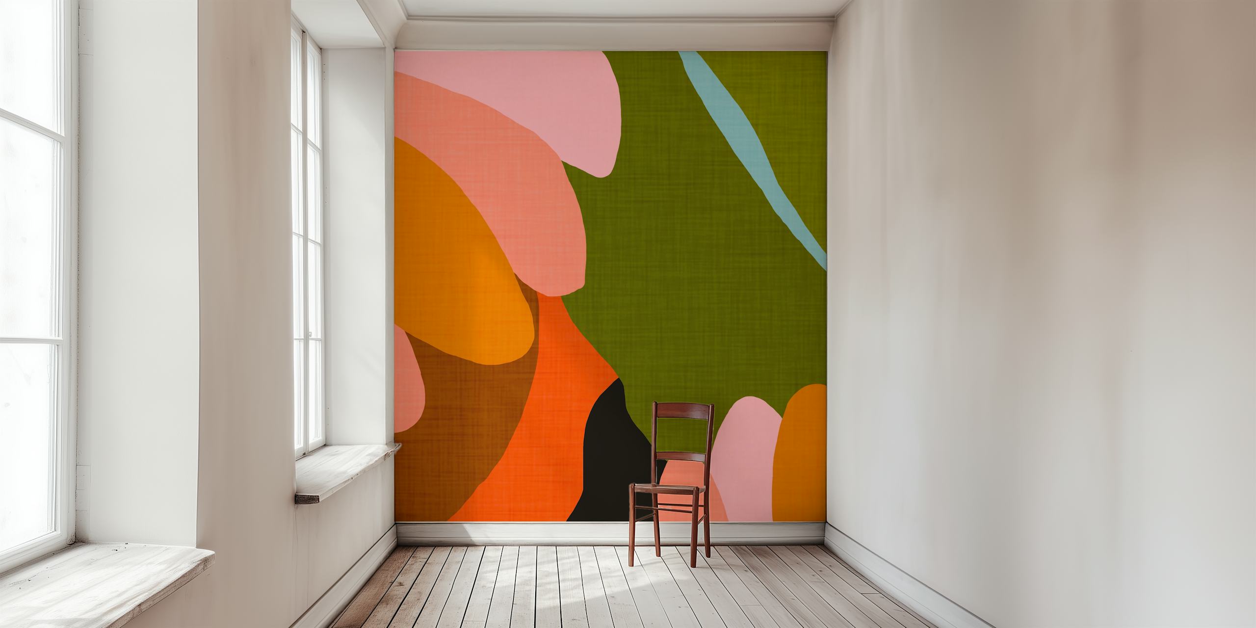 Colorful abstract floral pattern with pink and green shapes wallpaper