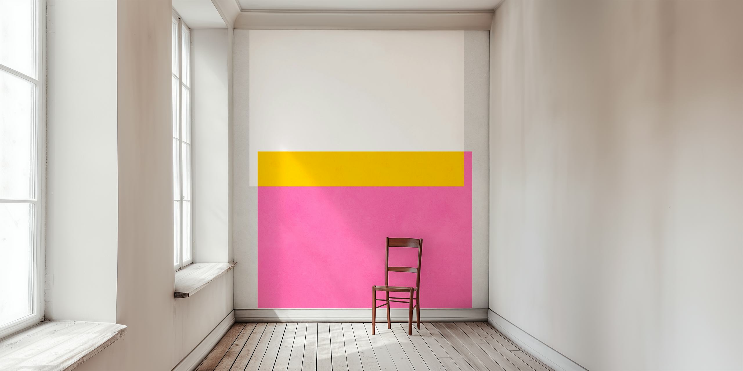 Geometric shapes in pink, yellow, and white on a textured wallpaper