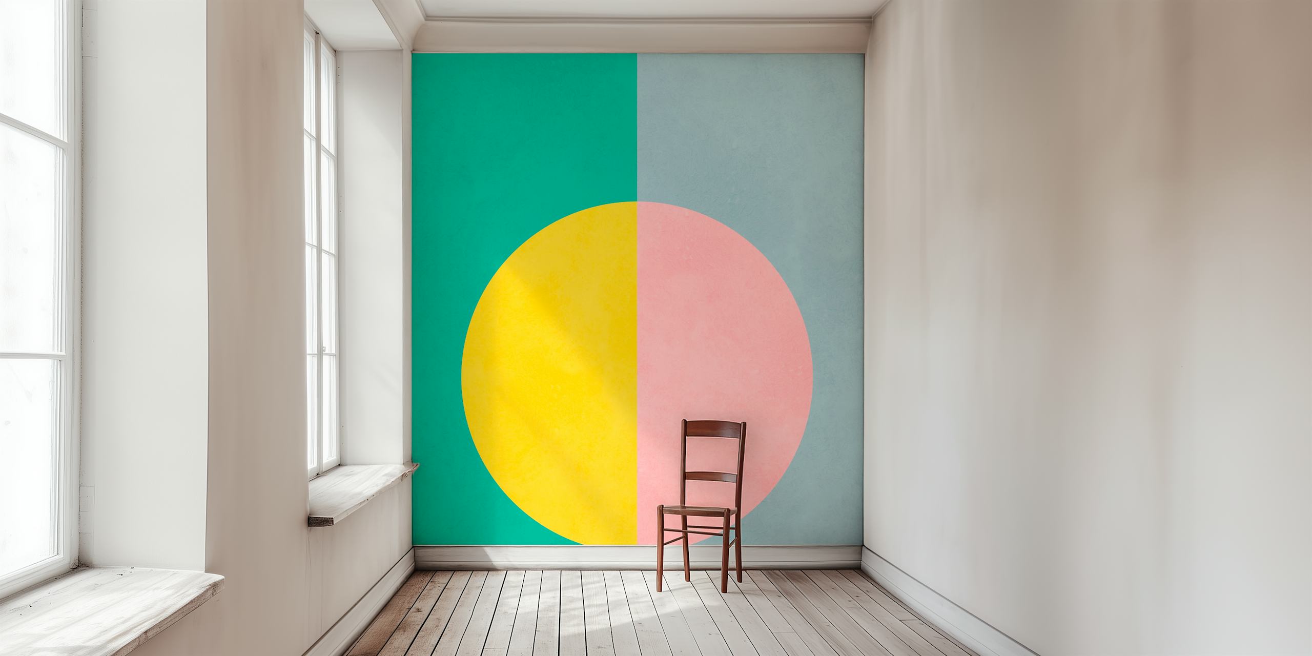Colorful geometric shapes with green, yellow, and pink wallpaper