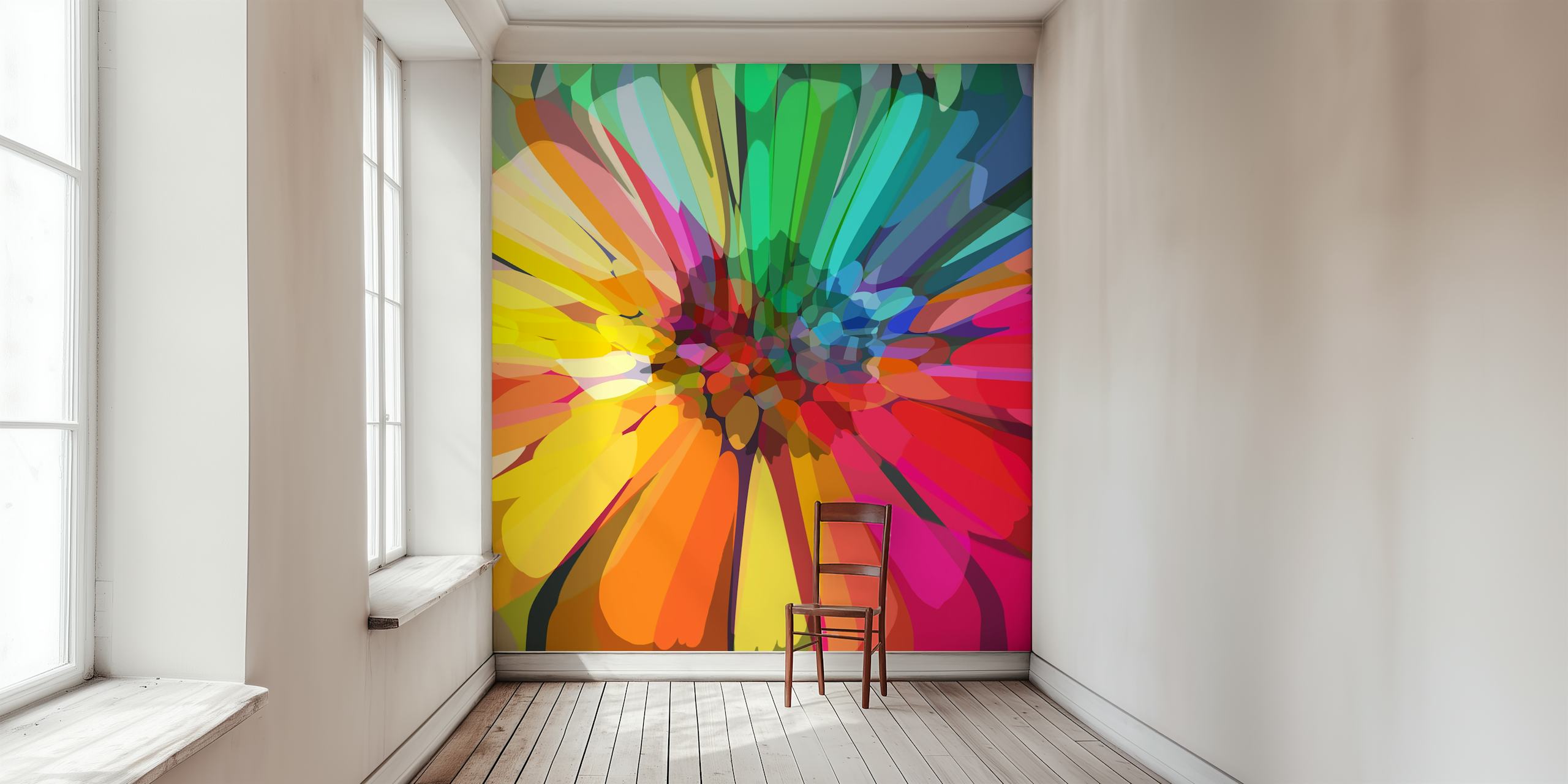 Colorful flower pattern in vibrant hues of yellow, pink, green, and blue wallpaper