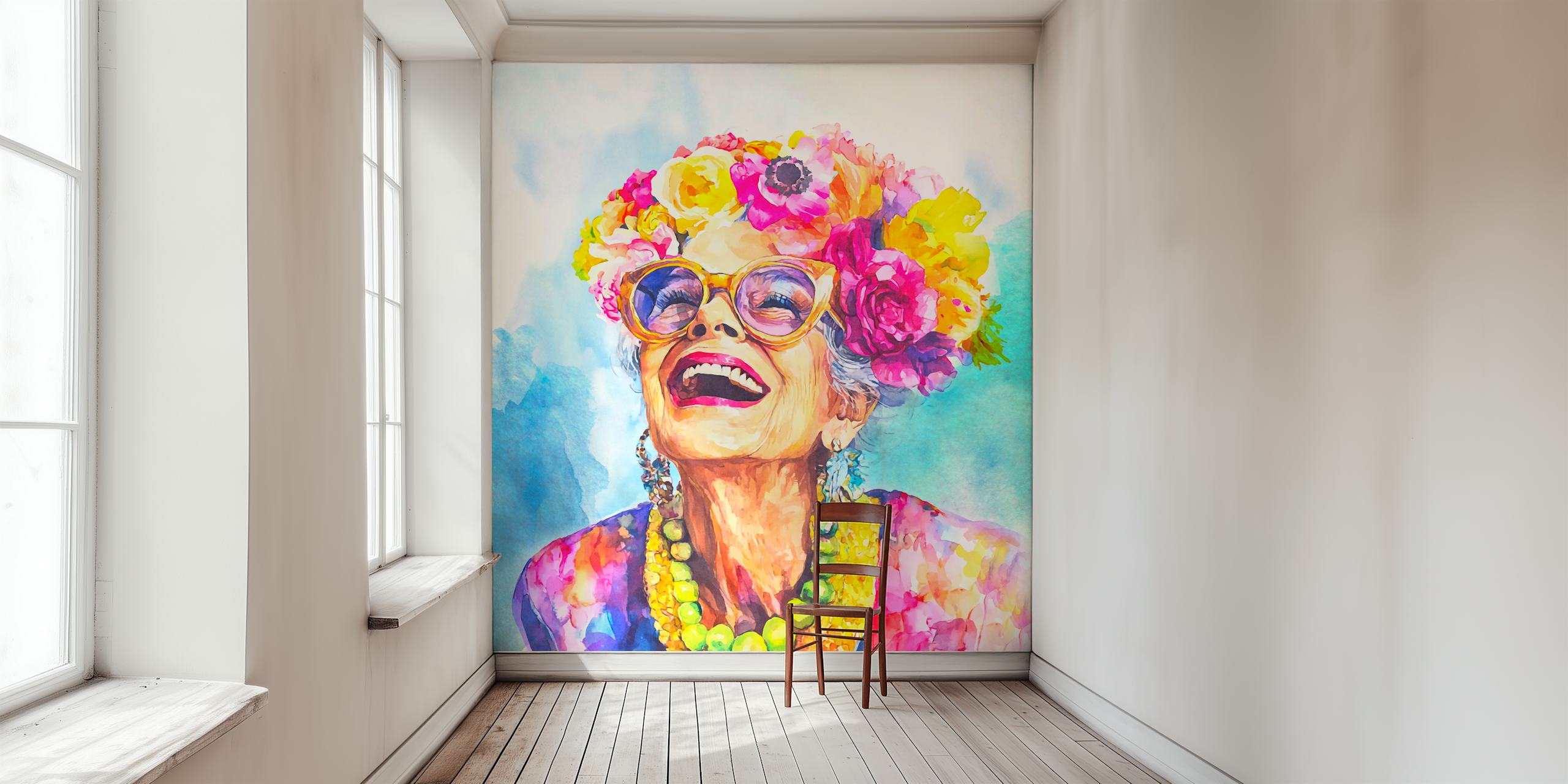 Colorful floral portrait of a smiling woman with glasses wallpaper