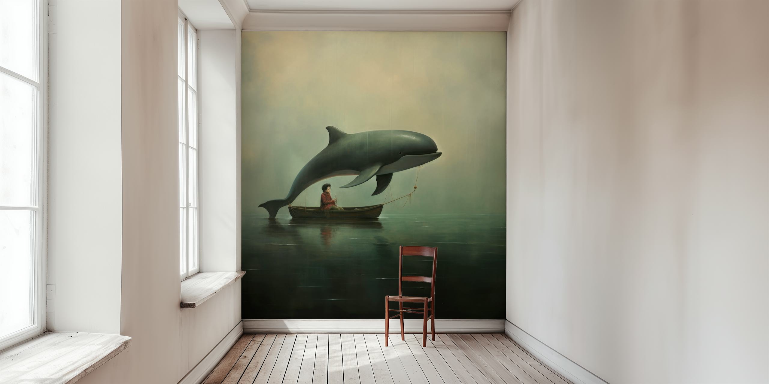 Dolphin leaping above a small boat with a person, muted colors, minimalist wallpaper