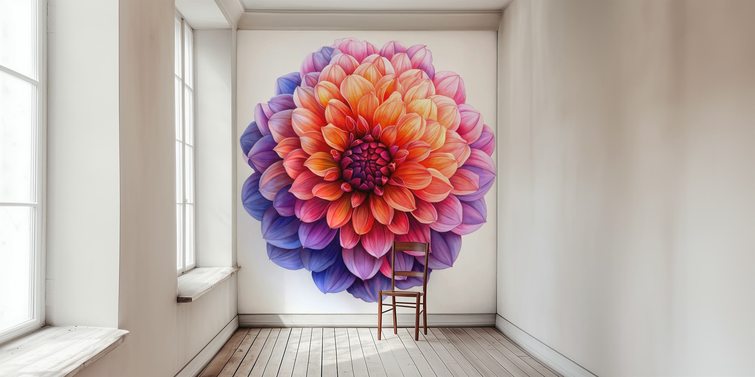 Colorful dahlia flower design in orange and purple tones wallpaper