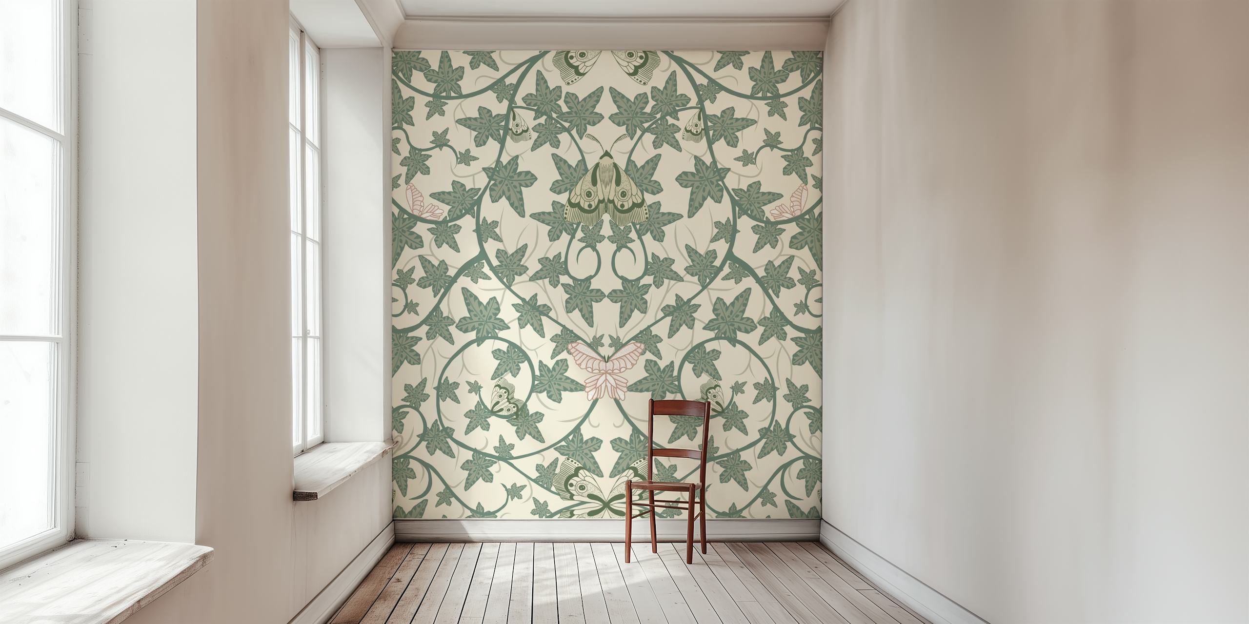 Botanical wallpaper with butterflies and leaves in green and soft pink