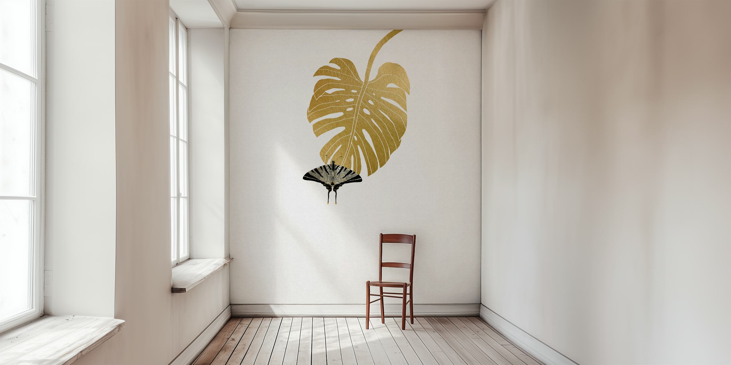 Butterfly and Monstera leaf mural in a room