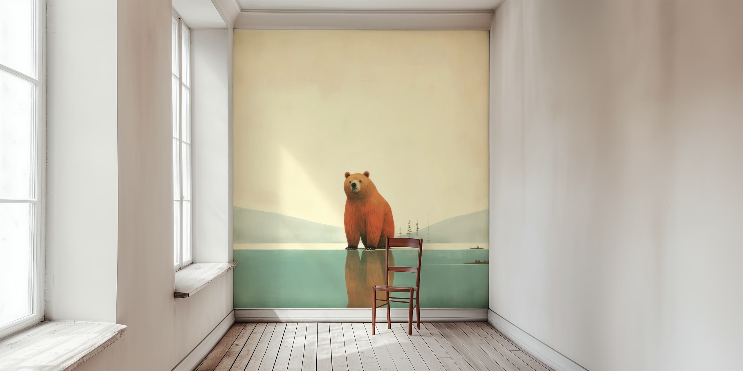 Grizzly bear standing by a calm lake with mountains in the background minimal wallpaper