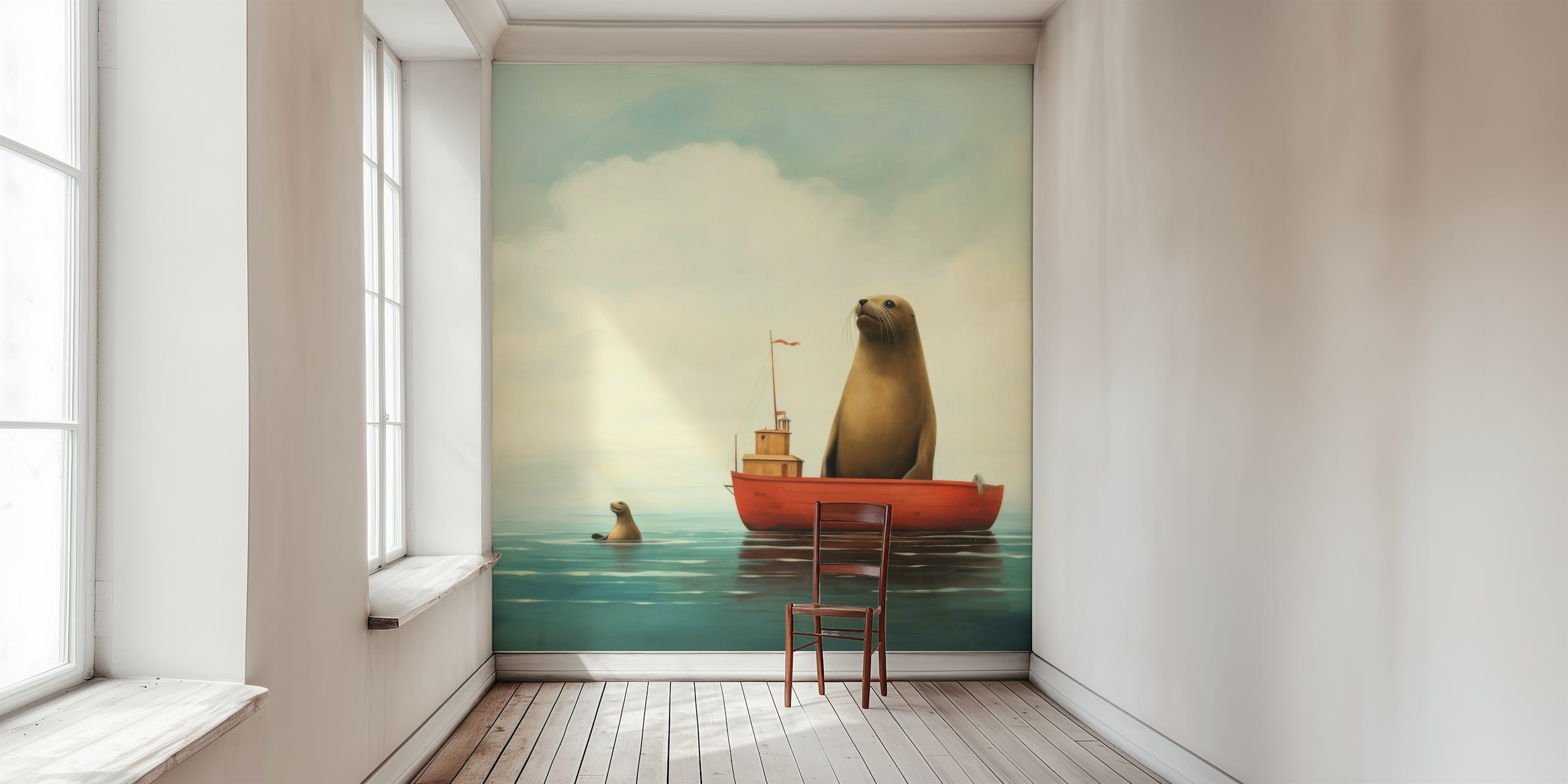 Minimal Sea Lion Voyage wallpaper in a room