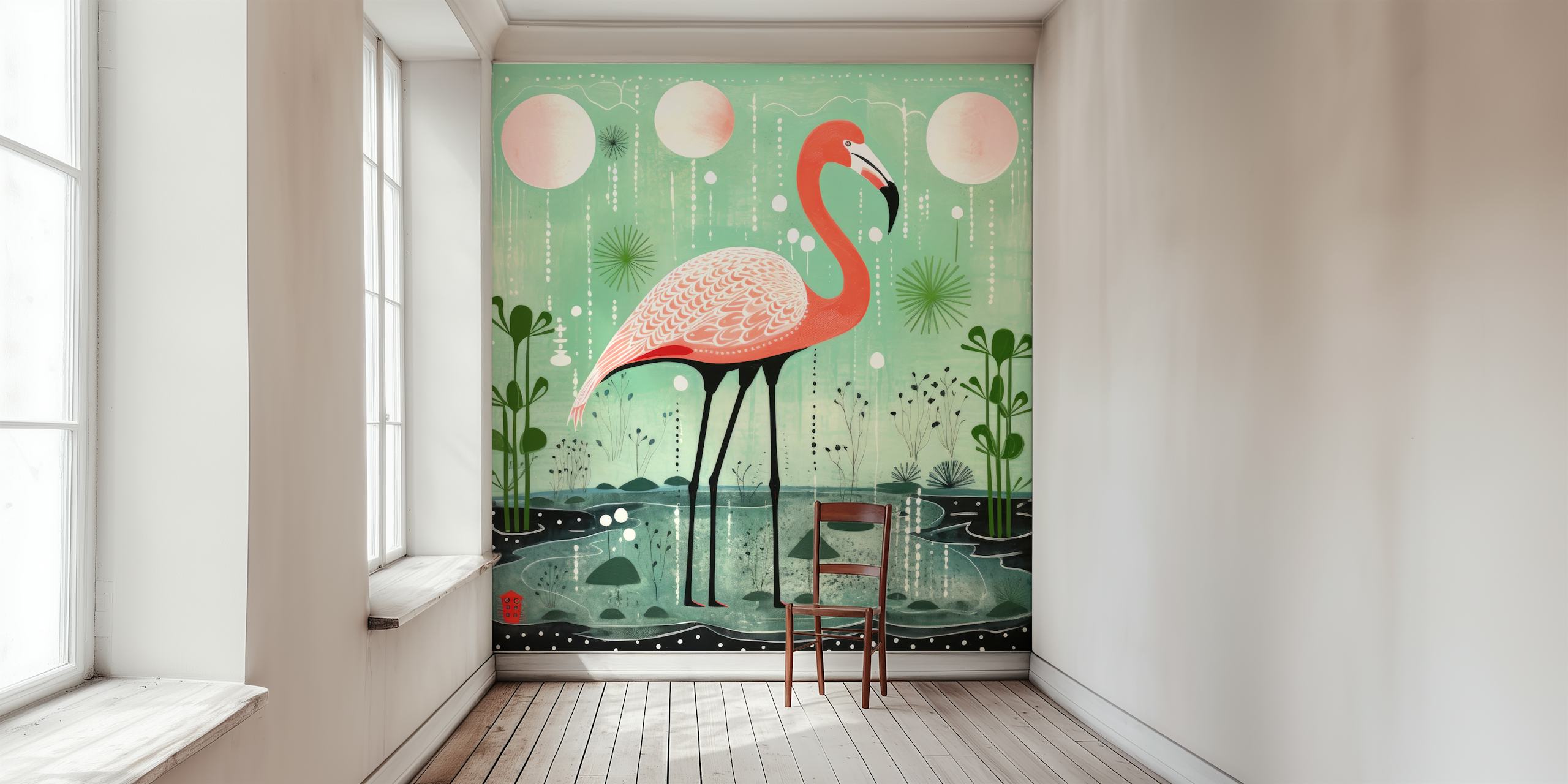 Carta da parati Folk Art Flamingo in una stanza