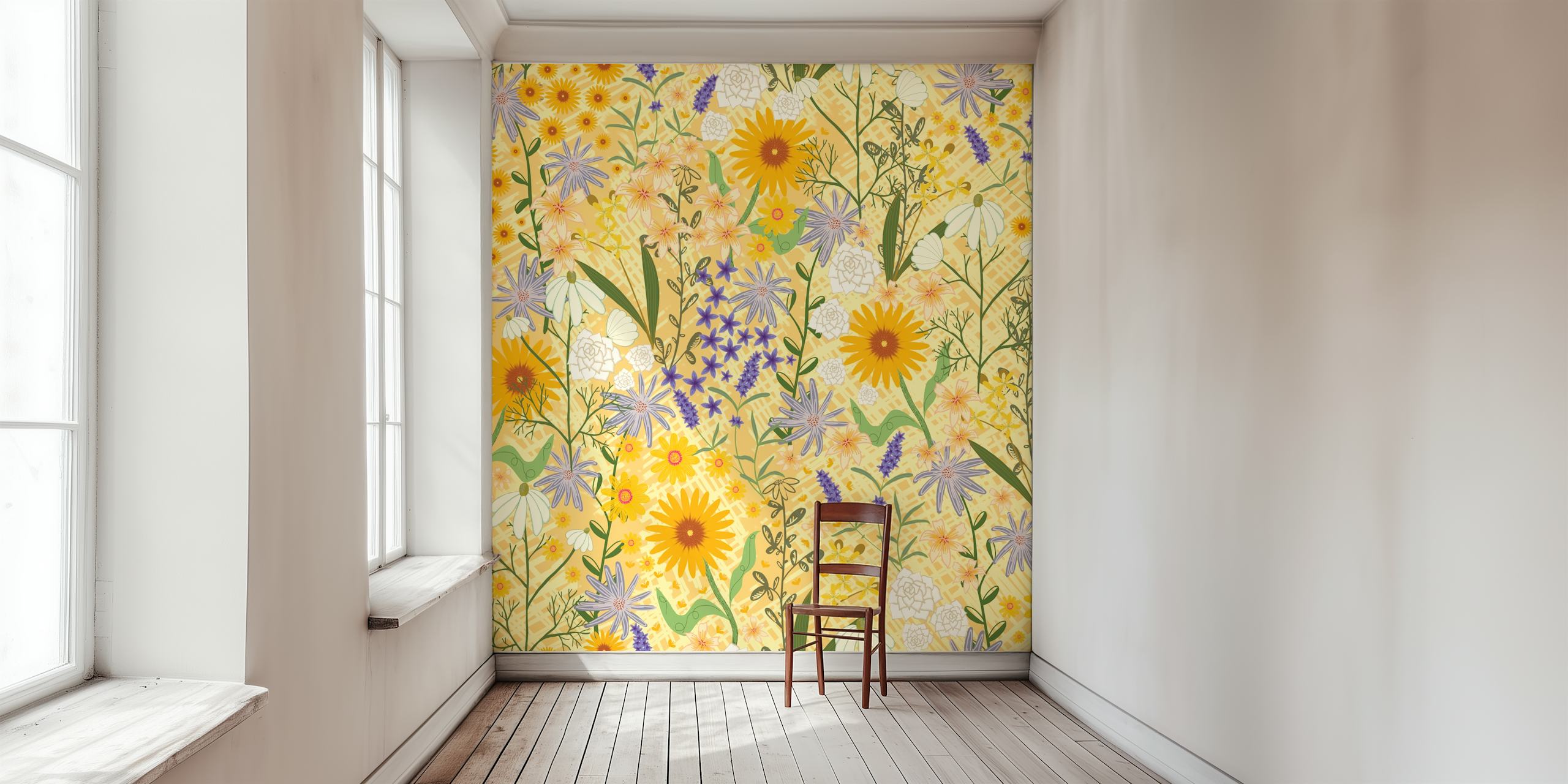Papel de parede floral Sunshine Buttercup em um quarto