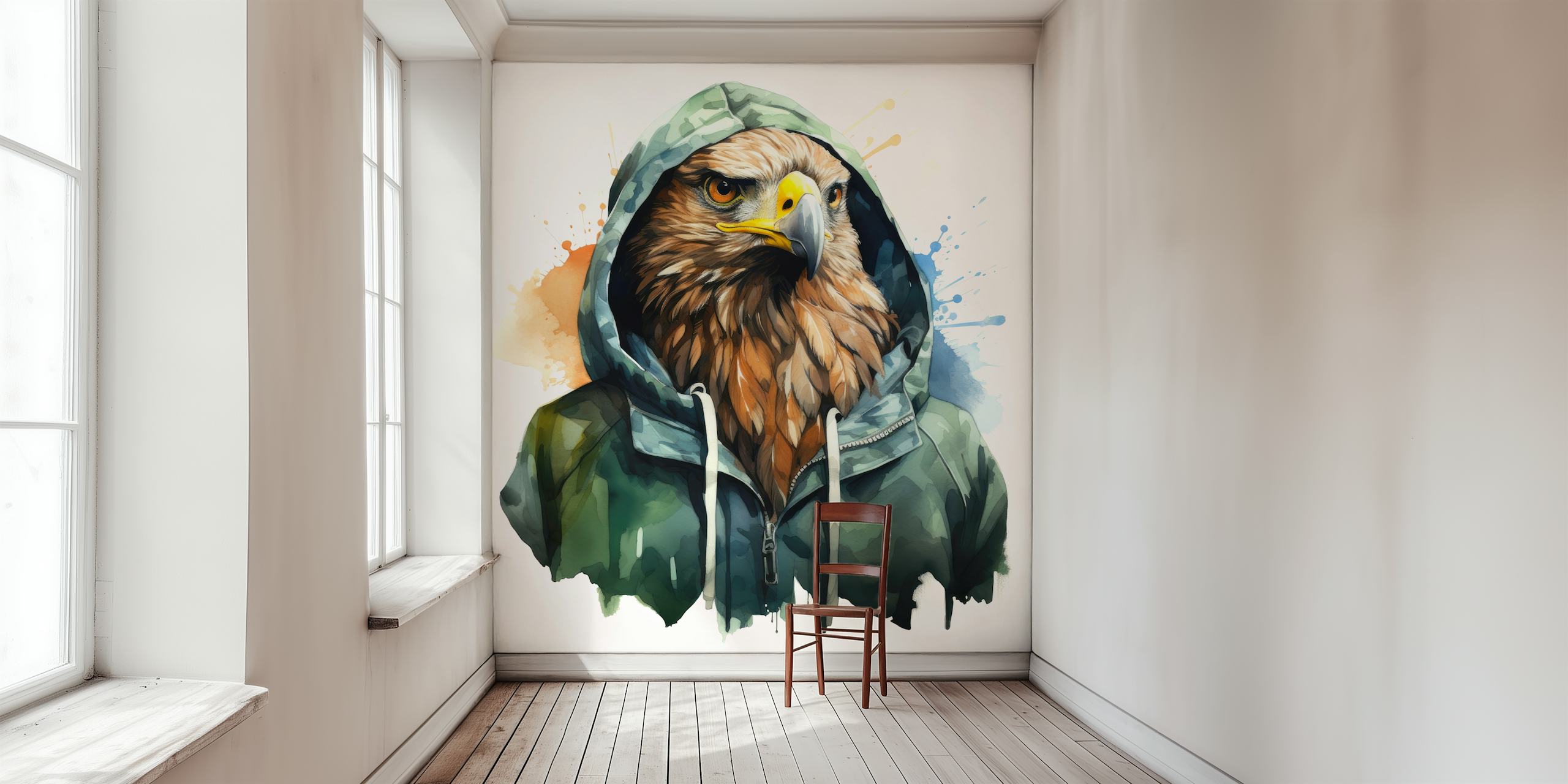 Watercolor Cartoon Hawk in a Hoodie wallpaper in a room