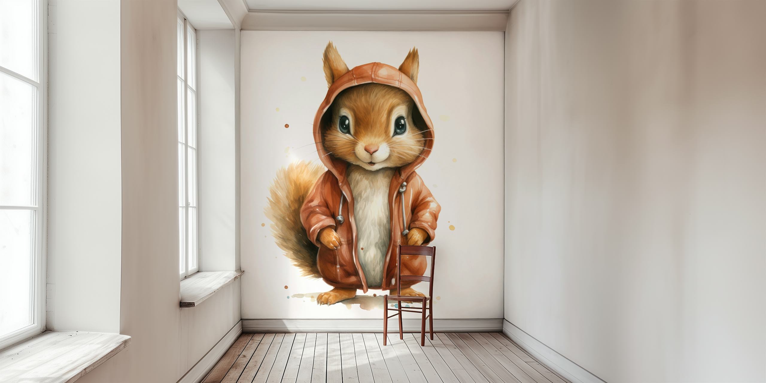 Watercolor cartoon squirrel in a hoodie wallpaper