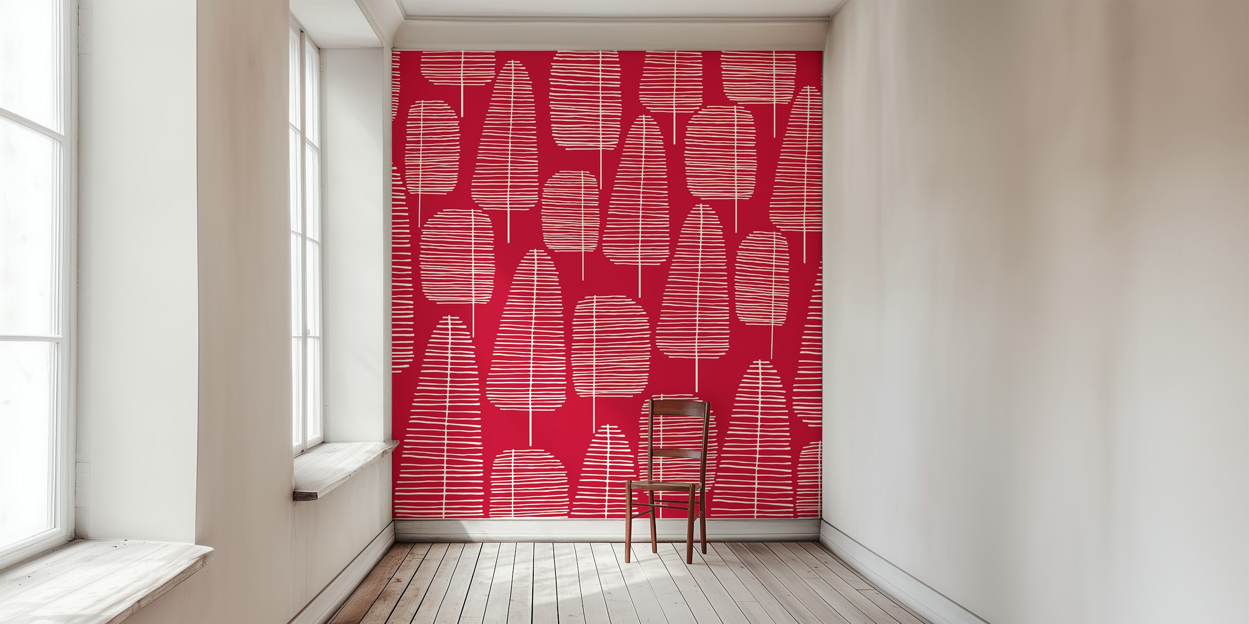 Mid Century moderne stil træer vægmaleri i rødt
