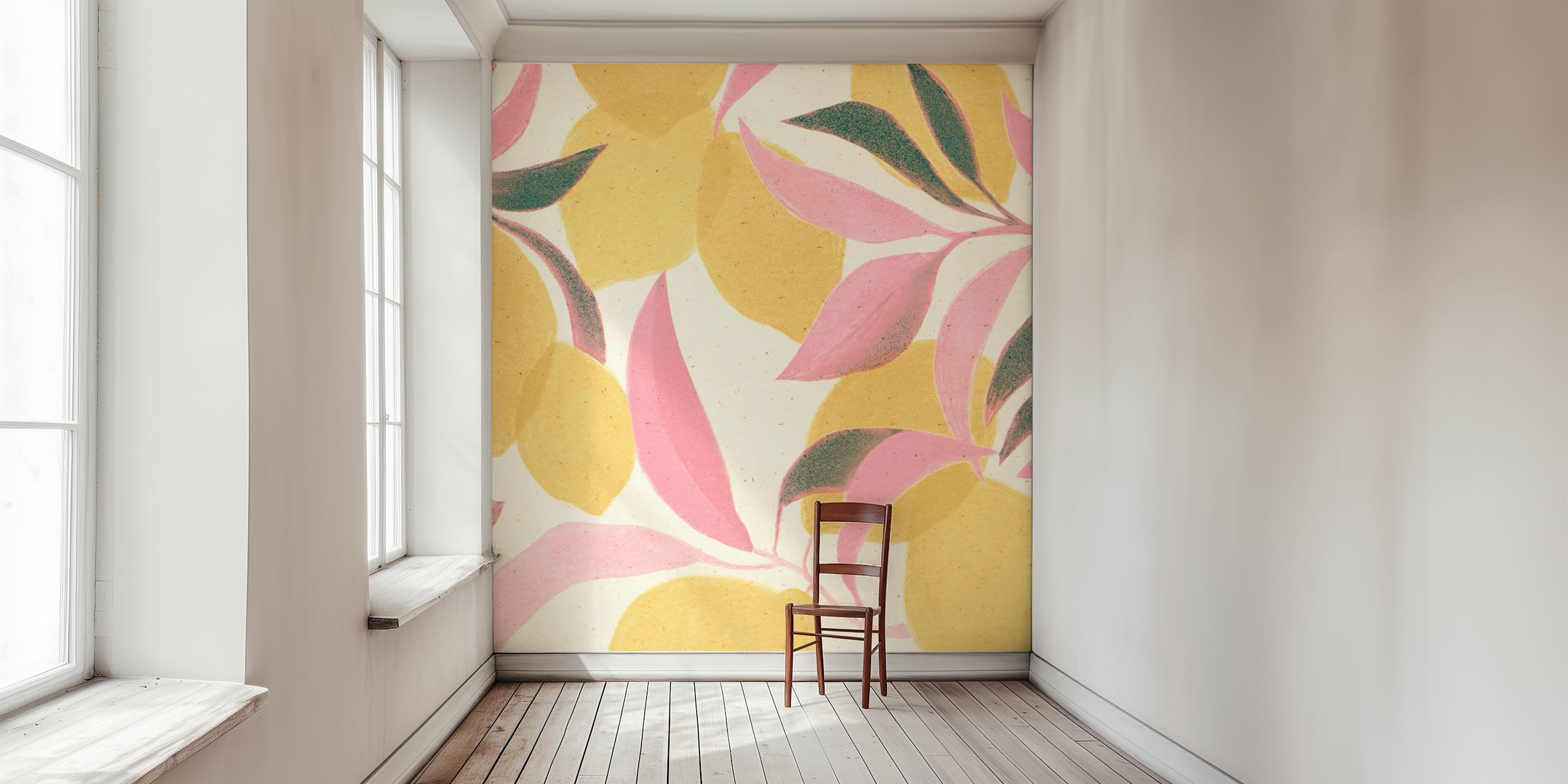 Lemon and pink leaf patterns on beige background wallpaper