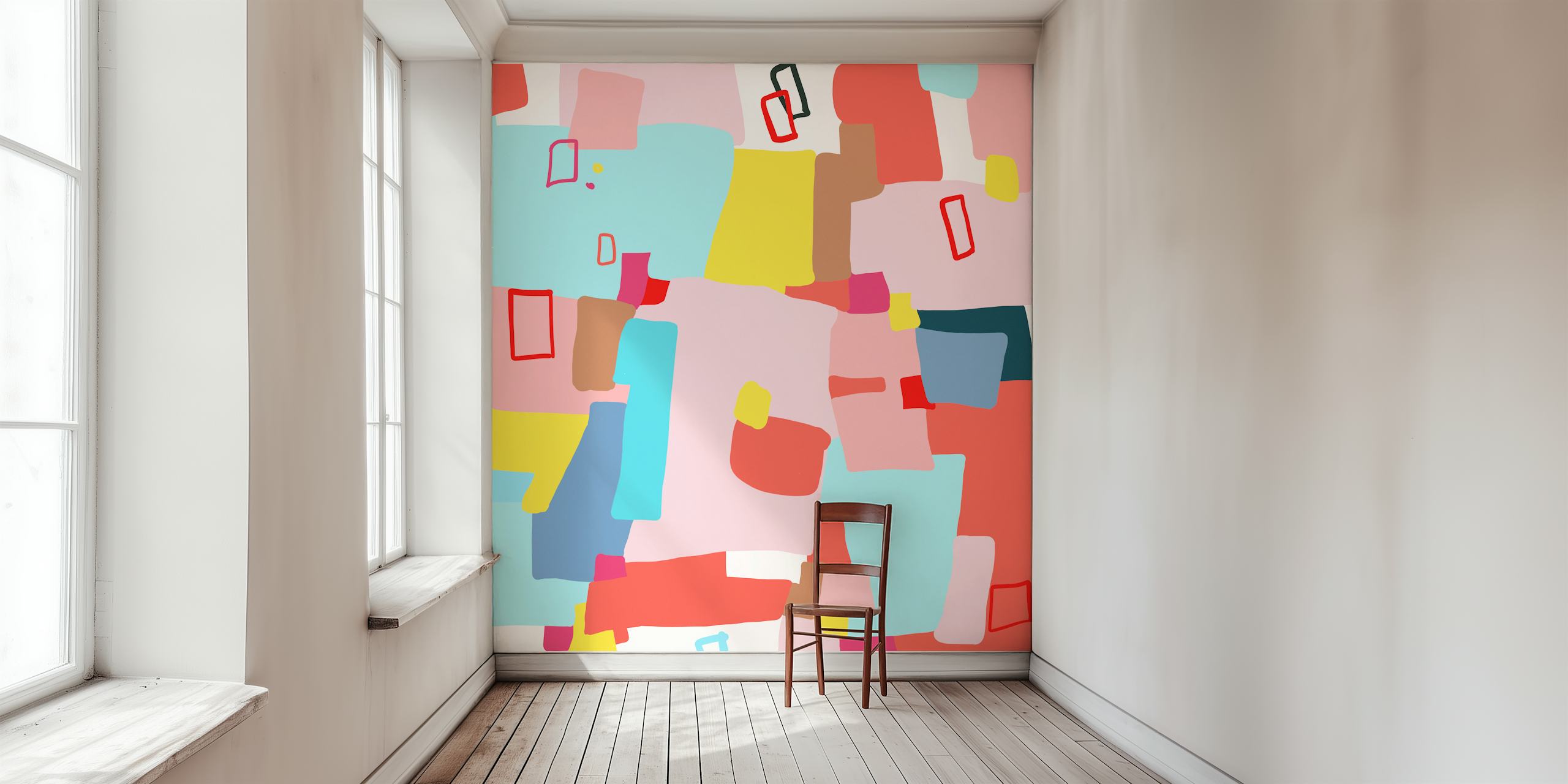 Colorful abstract shapes in red, blue, and pink wallpaper