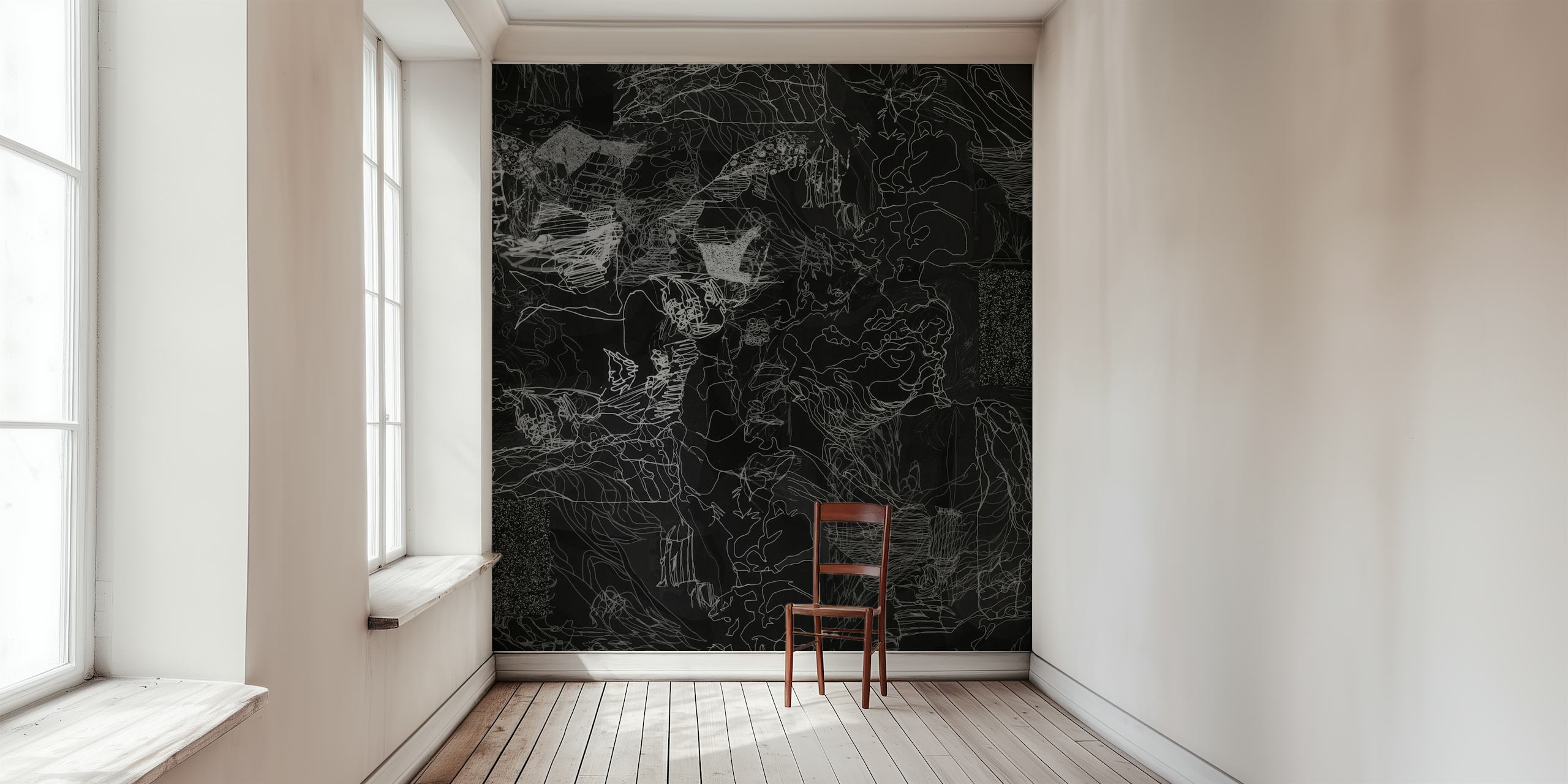 Black abstract line art wallpaper with intricate patterns