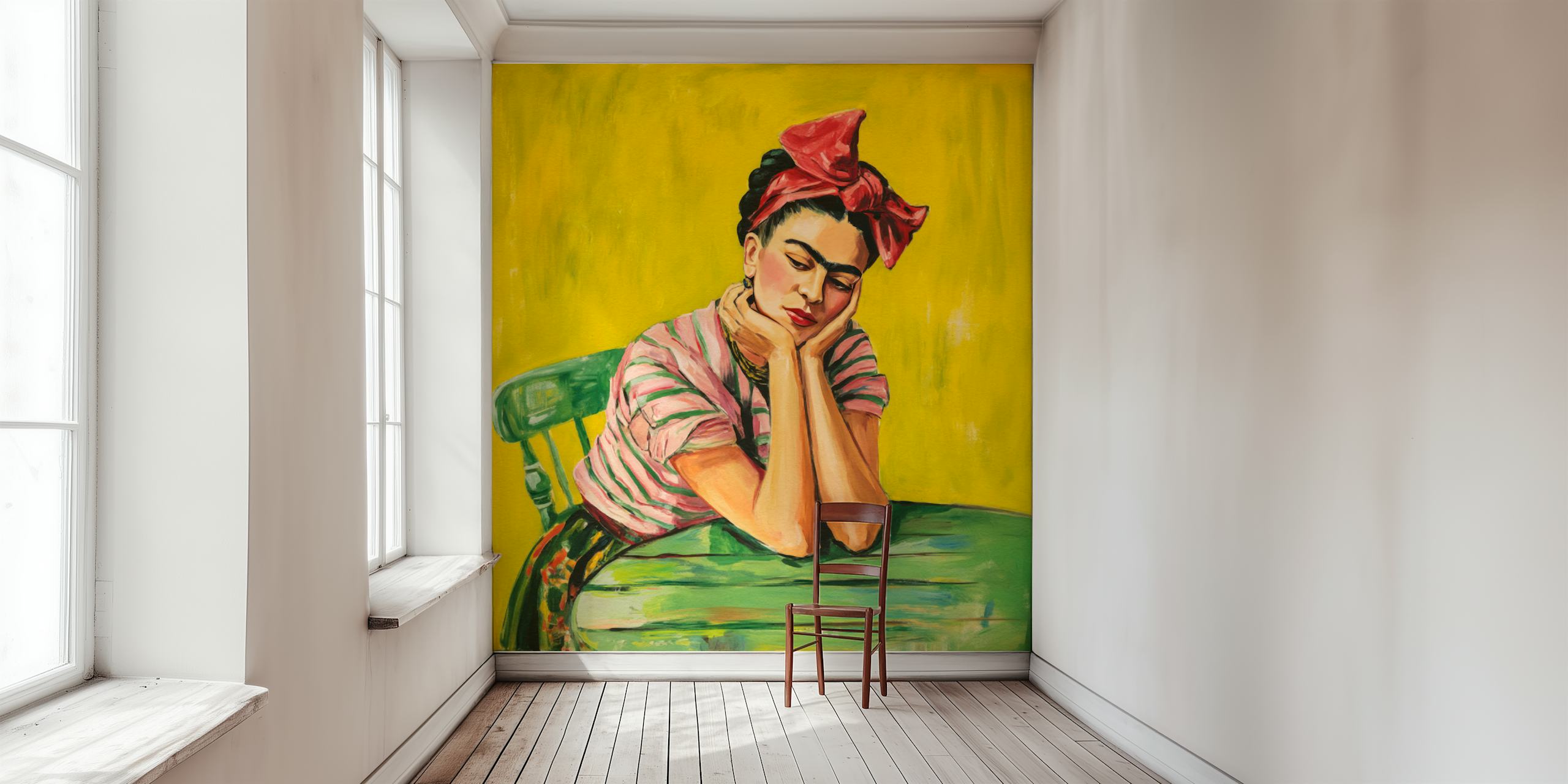 Mexican diva portrait with yellow background and pink accents wallpaper
