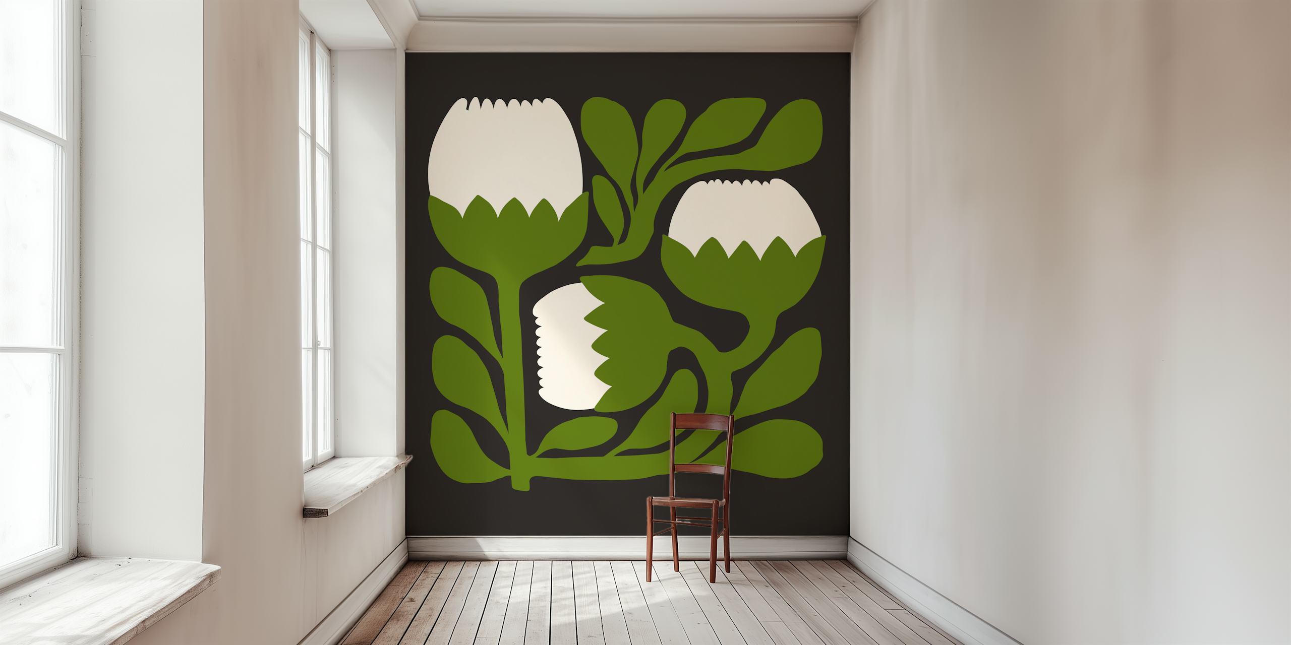 Minimalist floral design of white tulips with green leaves wallpaper