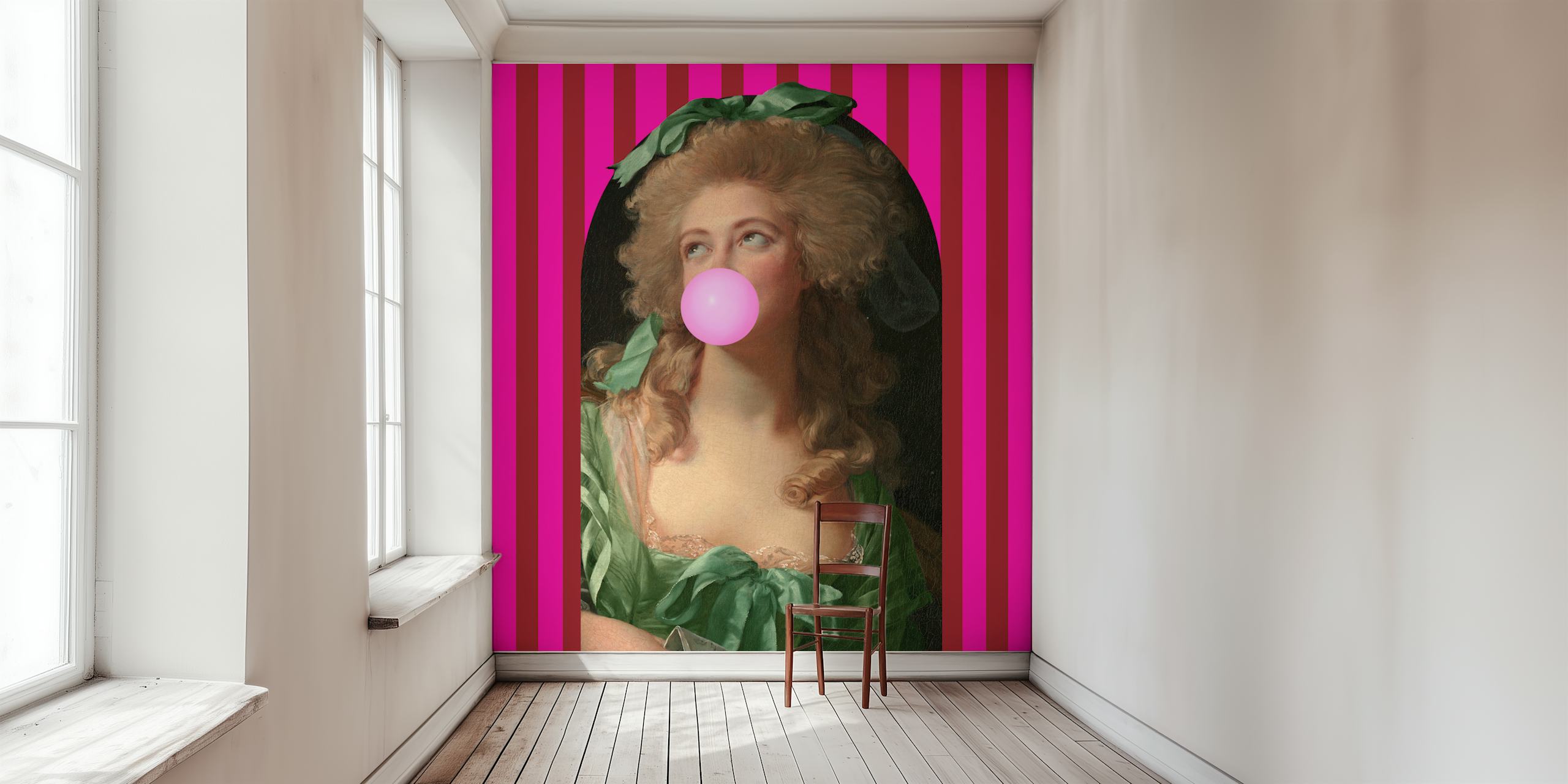 Vibrant pink striped wallpaper with a classic portrait of a woman blowing a bubblegum