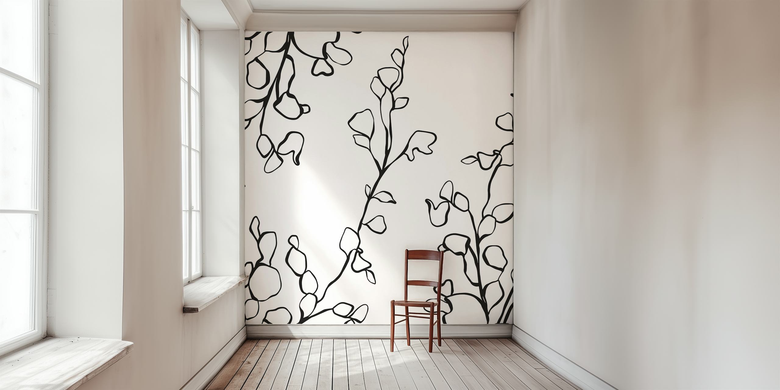 Gentle outline flower mural wallpaper design