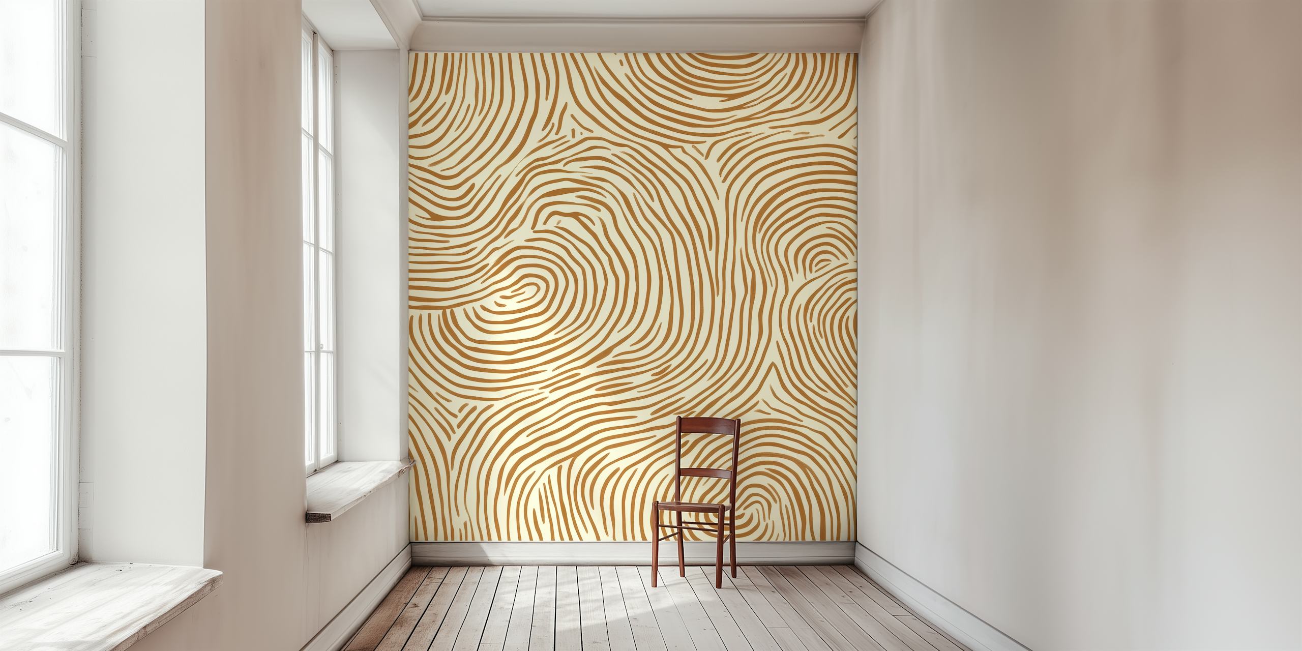 Brown abstract wavy lines on cream background wallpaper