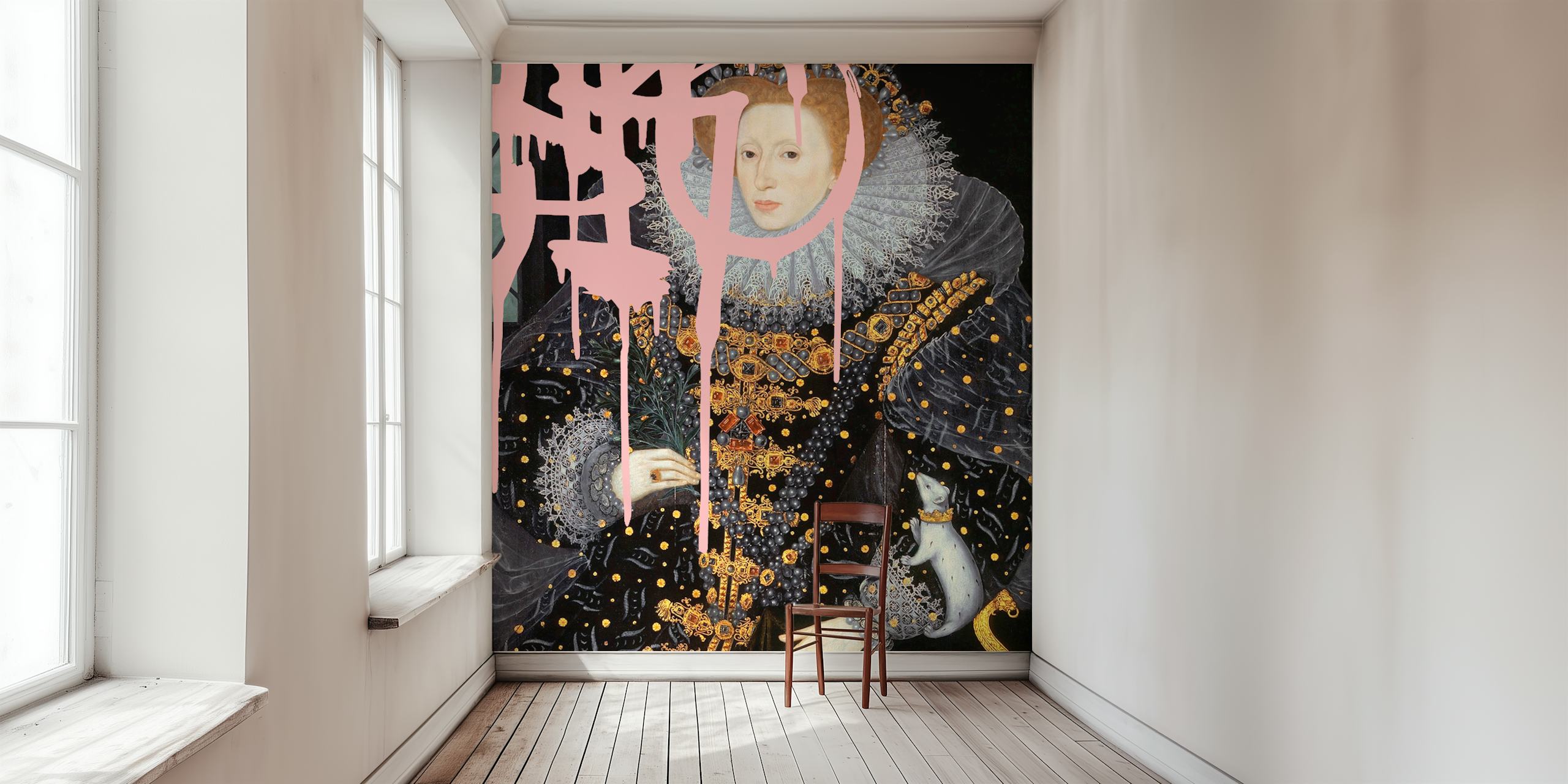 Classic portrait with modern paint drips, black and pink accents wallpaper
