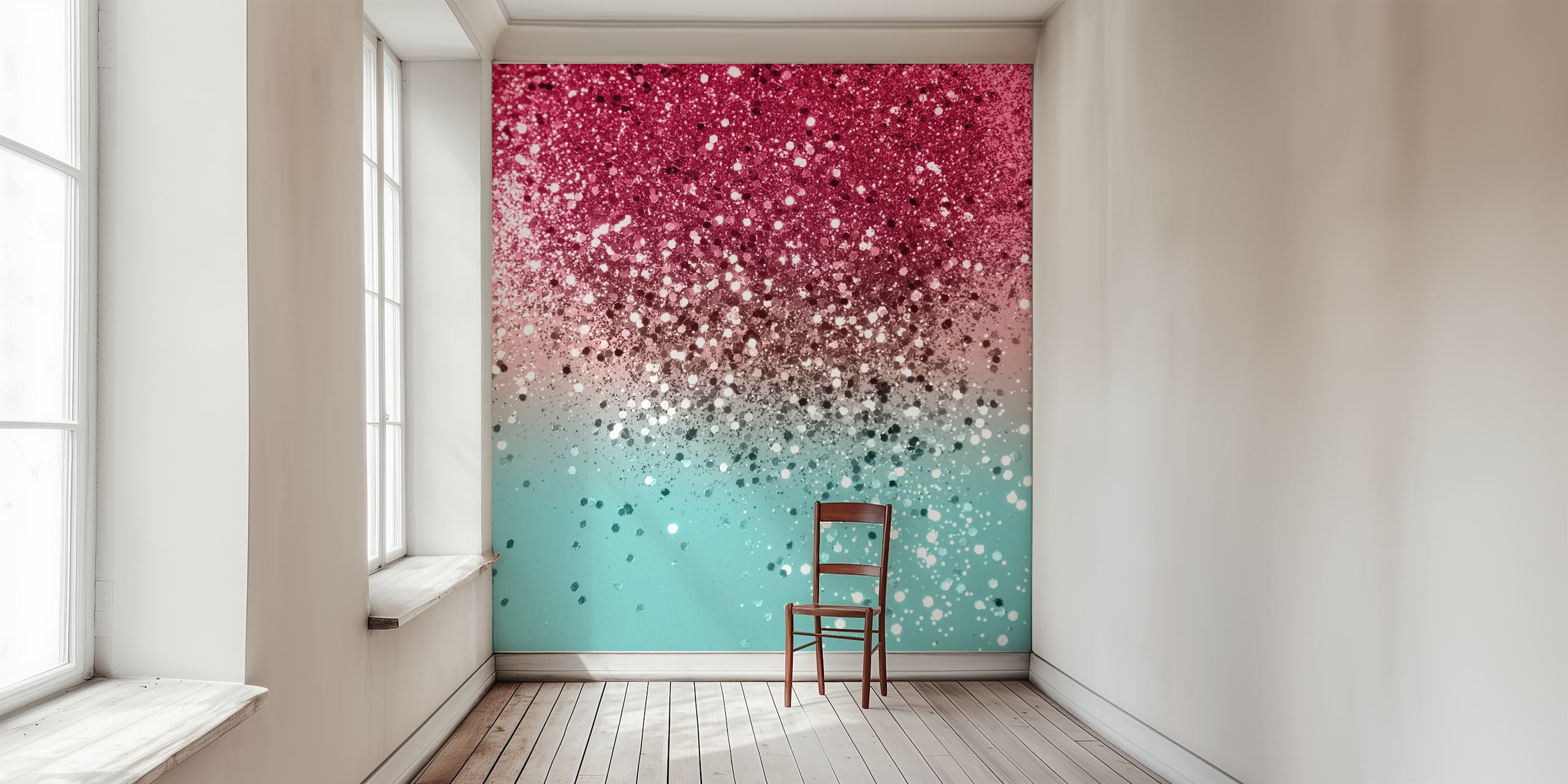 Trendy tropical pink and turquoise watermelon gradient with a sparkling glitter effect wall mural