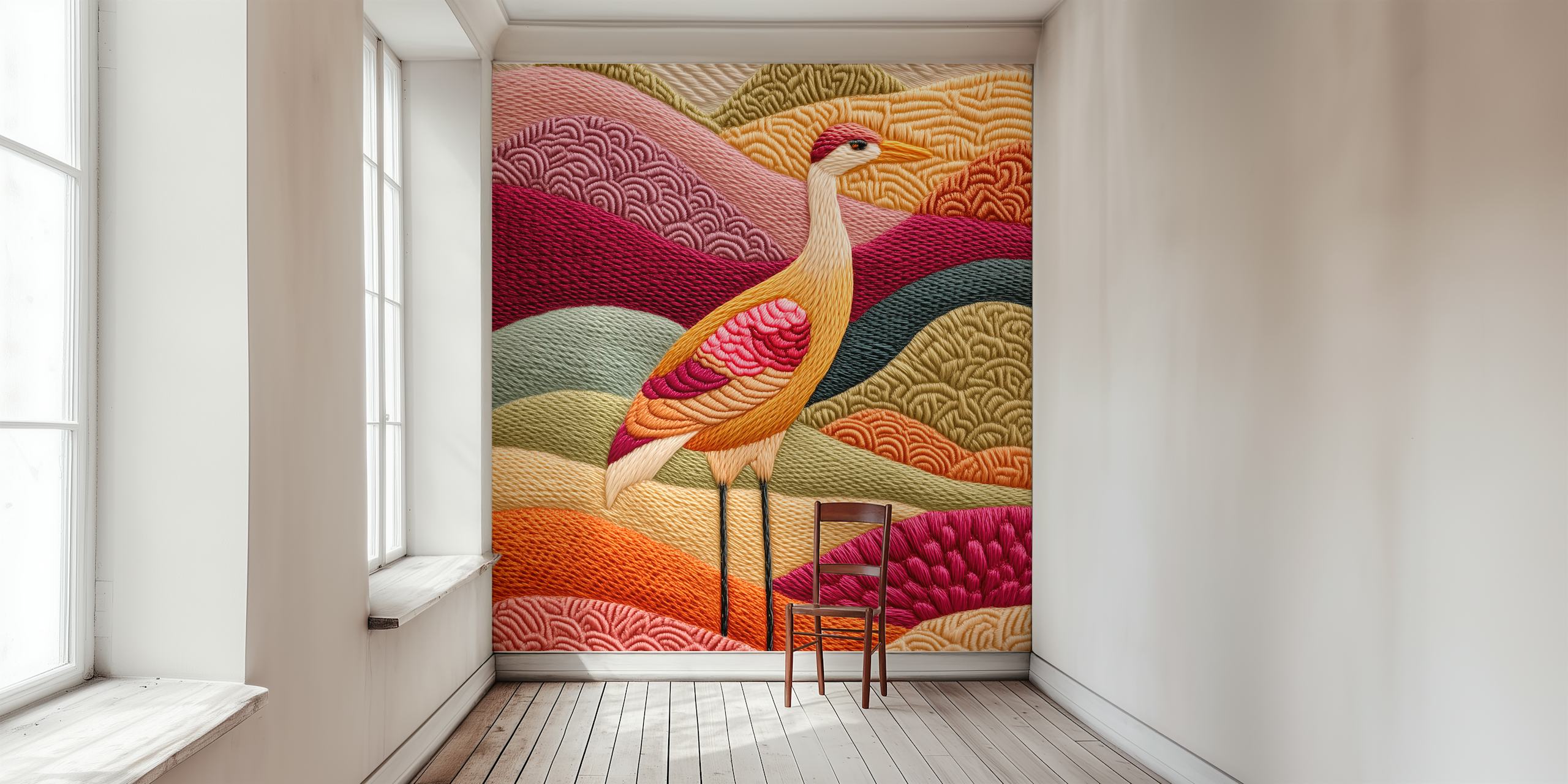 Embroidery art of a crane in vibrant colors on textured background wallpaper