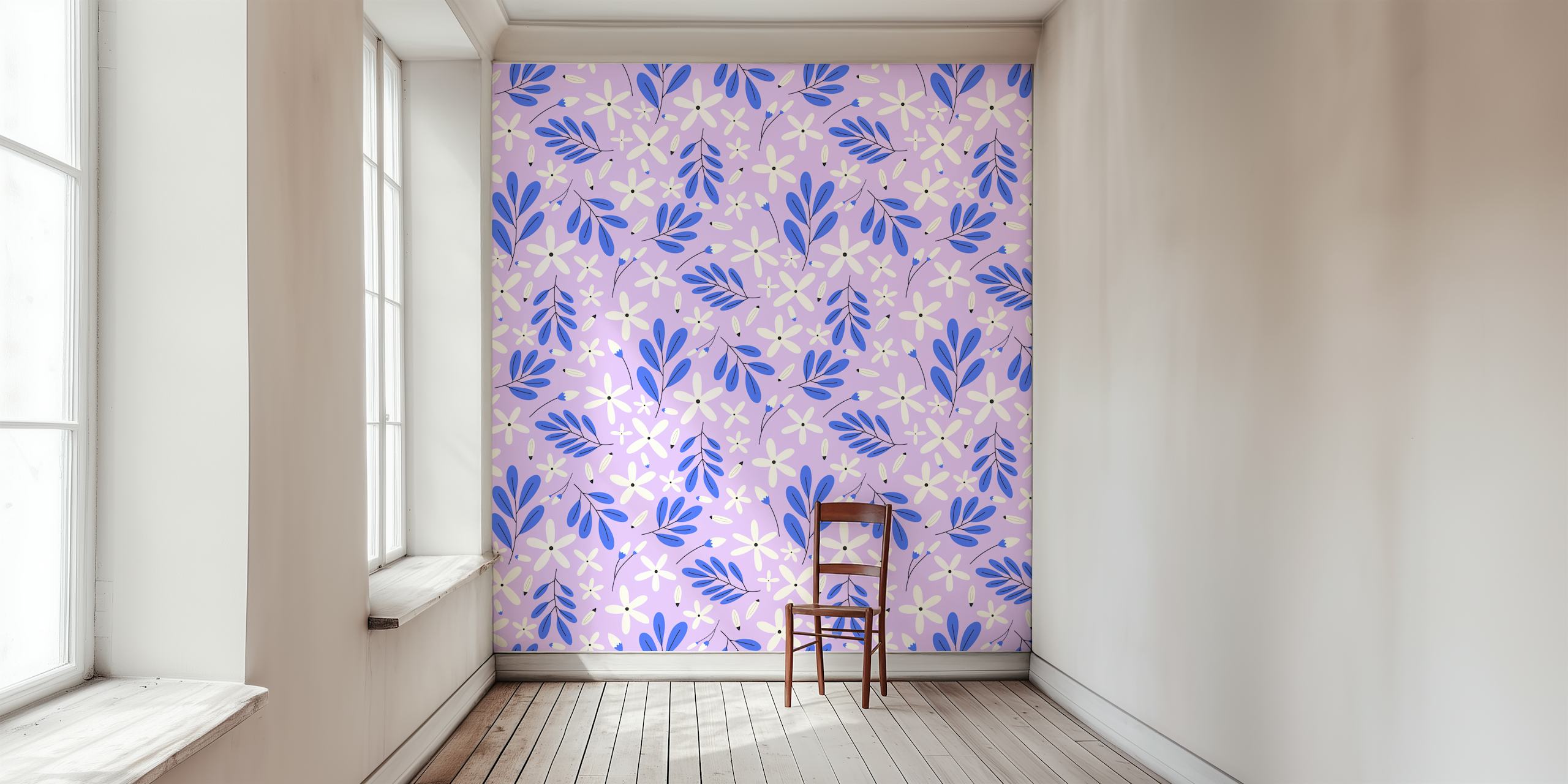 Purple floral wallpaper featuring blue leaves and white flowers in a botanical pattern