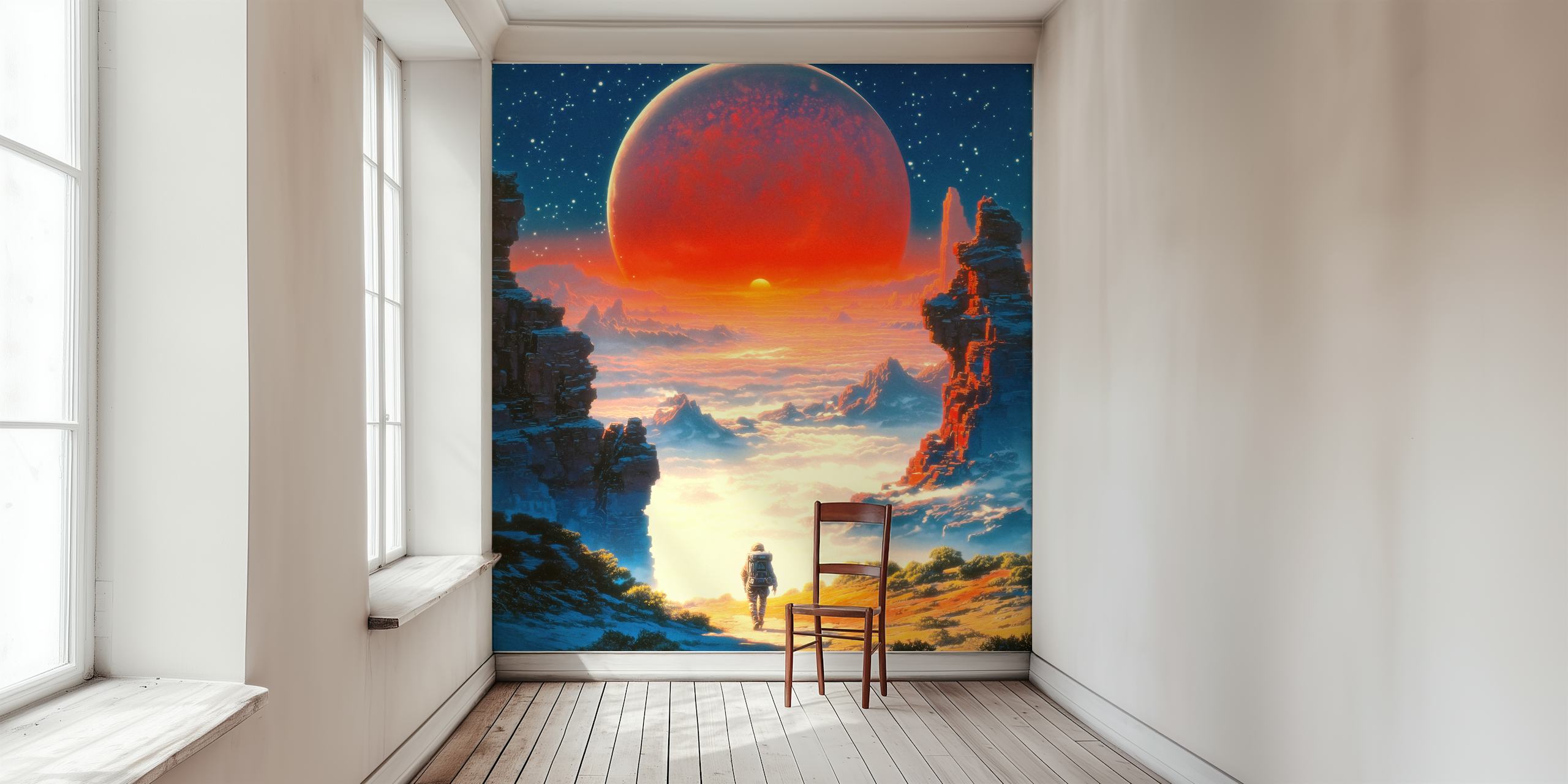 Astronaut walking in a red dawn wallpaper