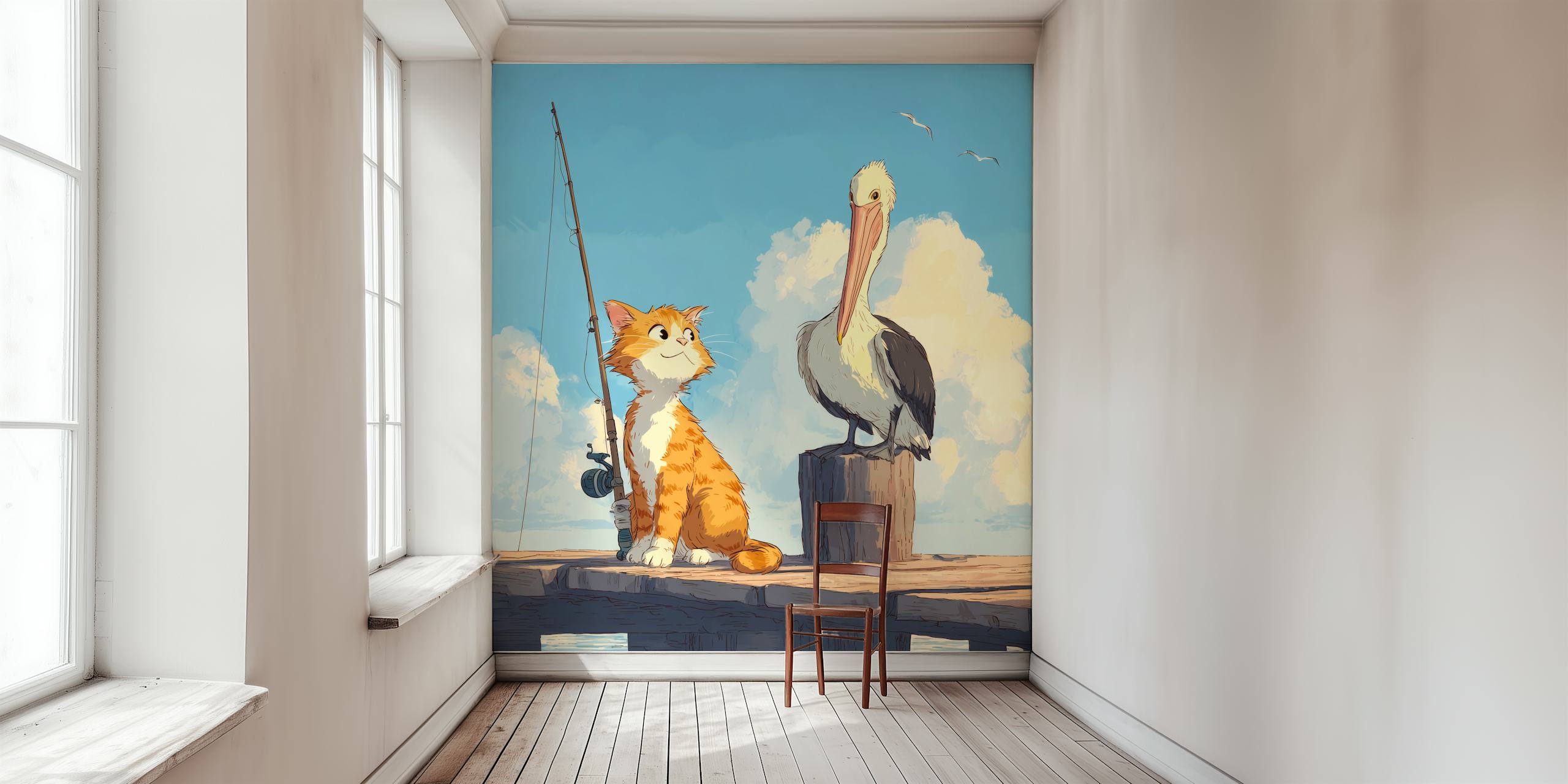 Design de papier peint de chat et pélican dans la pièce