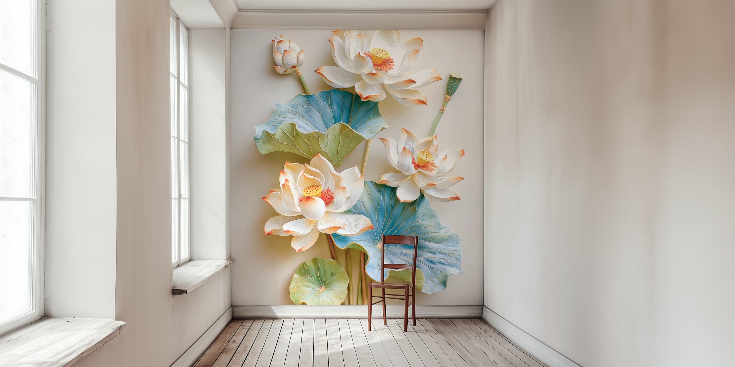 White lotus flowers with blue leaves floral wallpaper