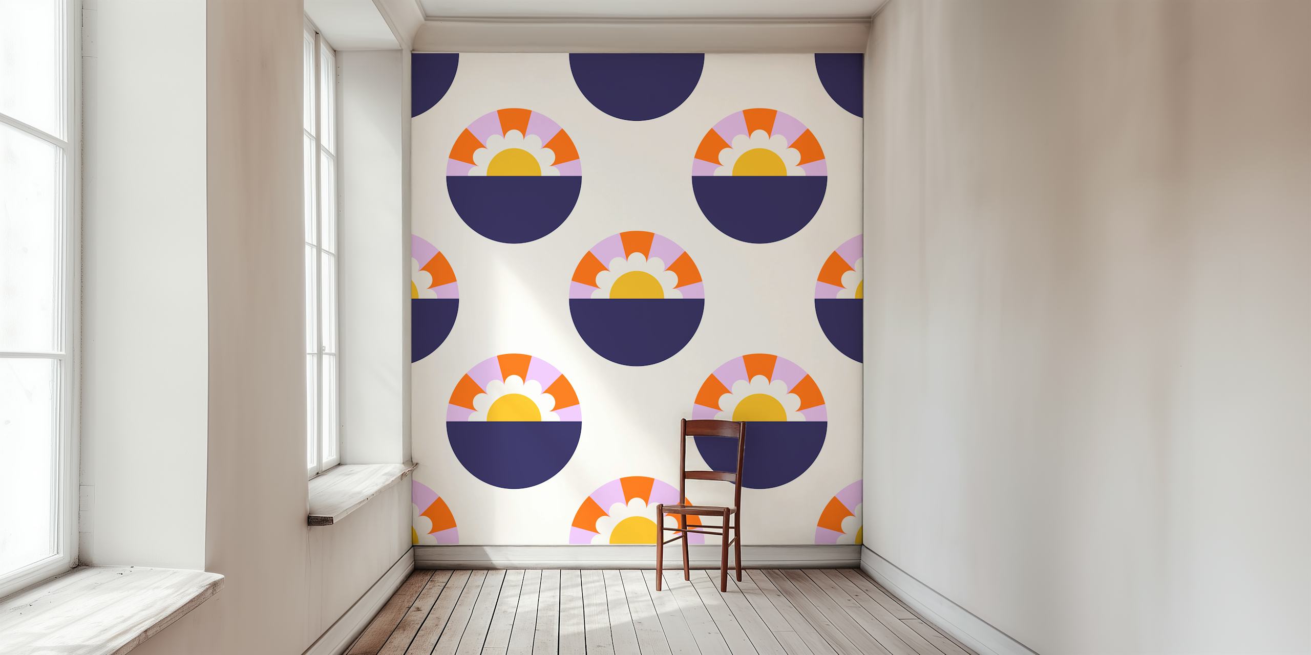 Round sunset floral patterns in orange, yellow, and purple on cream wallpaper