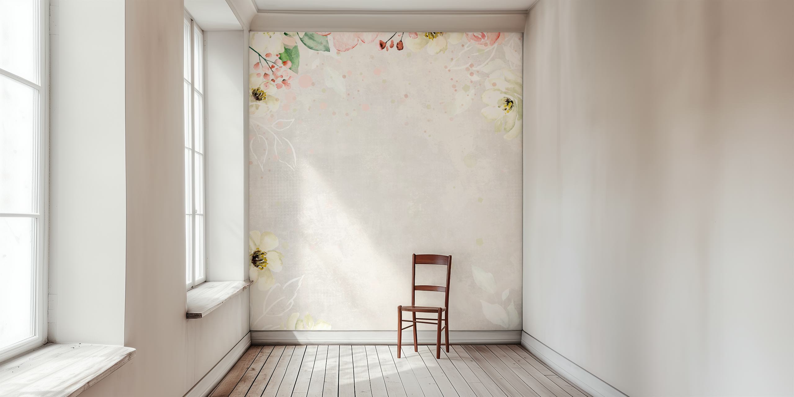 Floral pattern with pink, cream, and green colors on a light background wallpaper