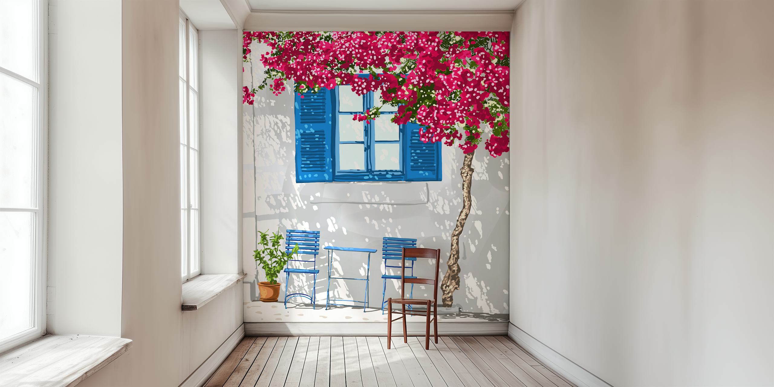 Blue flowers and green leaves with white wall wallpaper