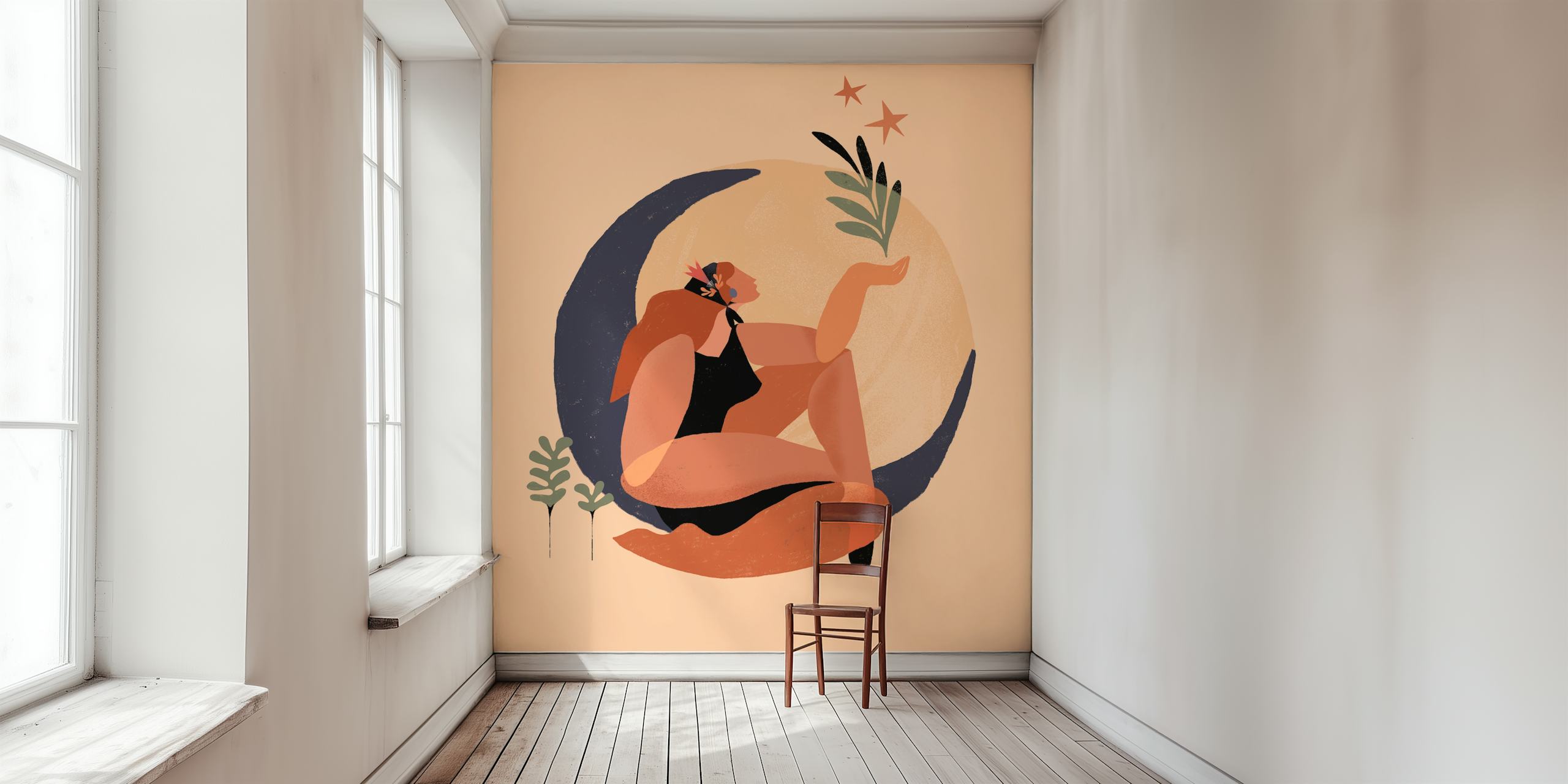 Abstract woman with moon wall mural in soft, earthy tones