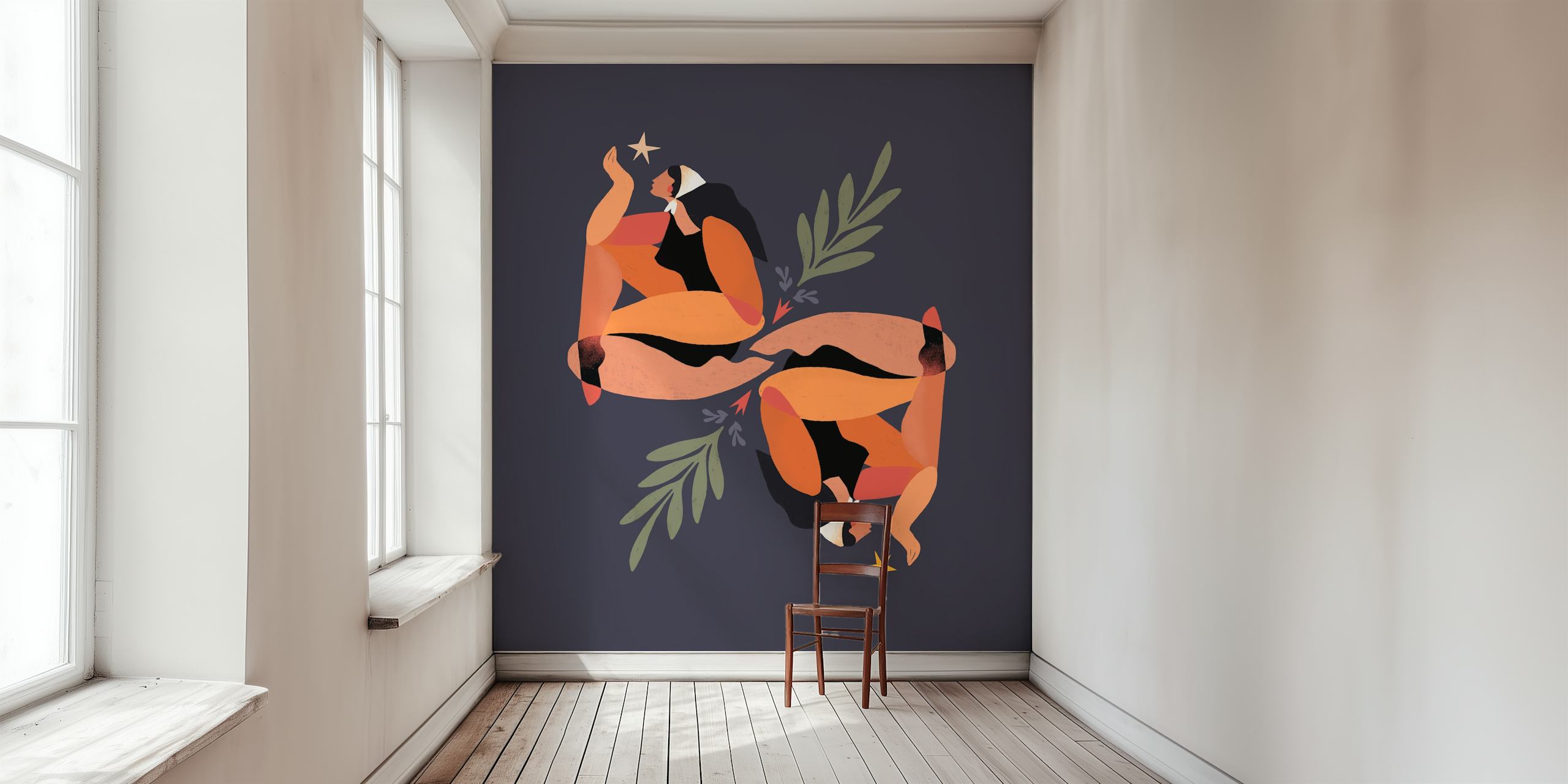 Abstract woman and nature elements in warm colors wallpaper