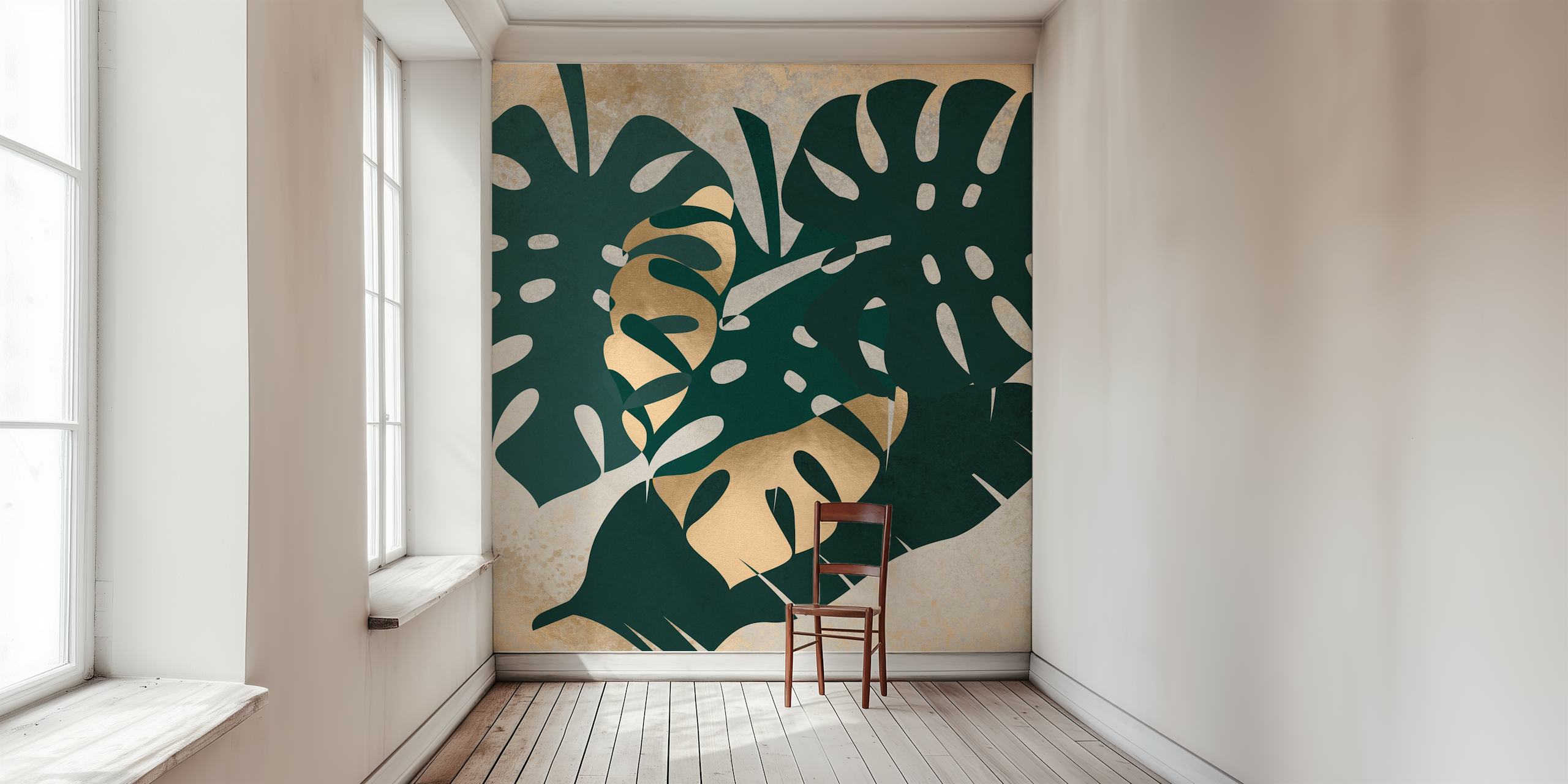 Tropical green leaves on textured gold background wallpaper