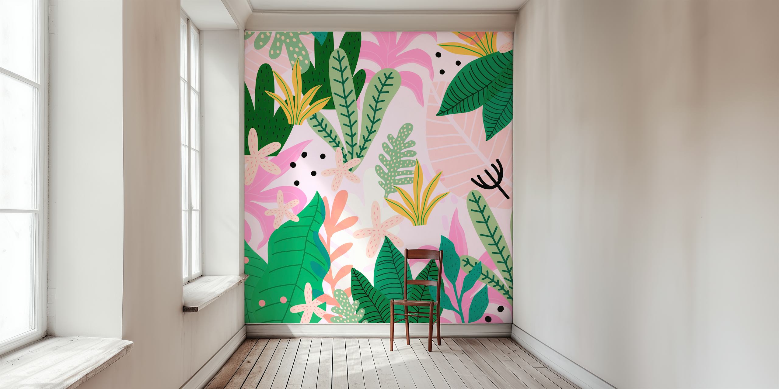 Tropical floral leaves in pink and green colors wallpaper