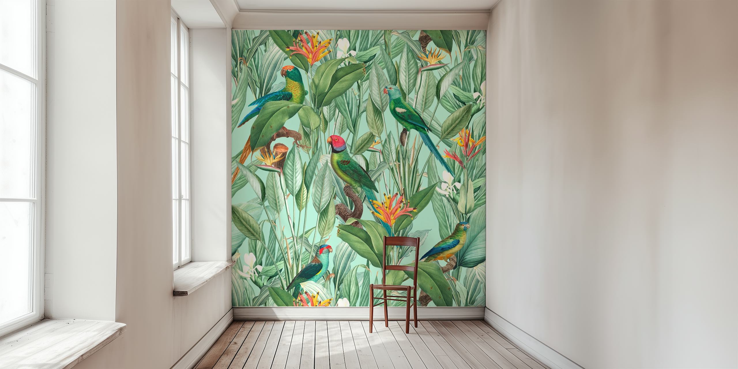 Tropical jungle with colorful parrots and green leaves wallpaper