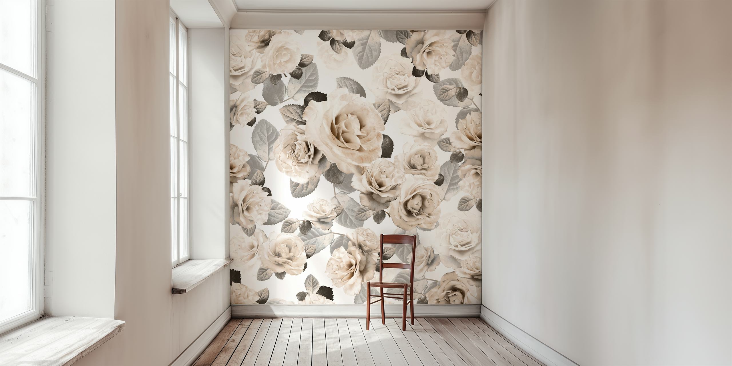 Beige floral wallpaper with roses and leaves design