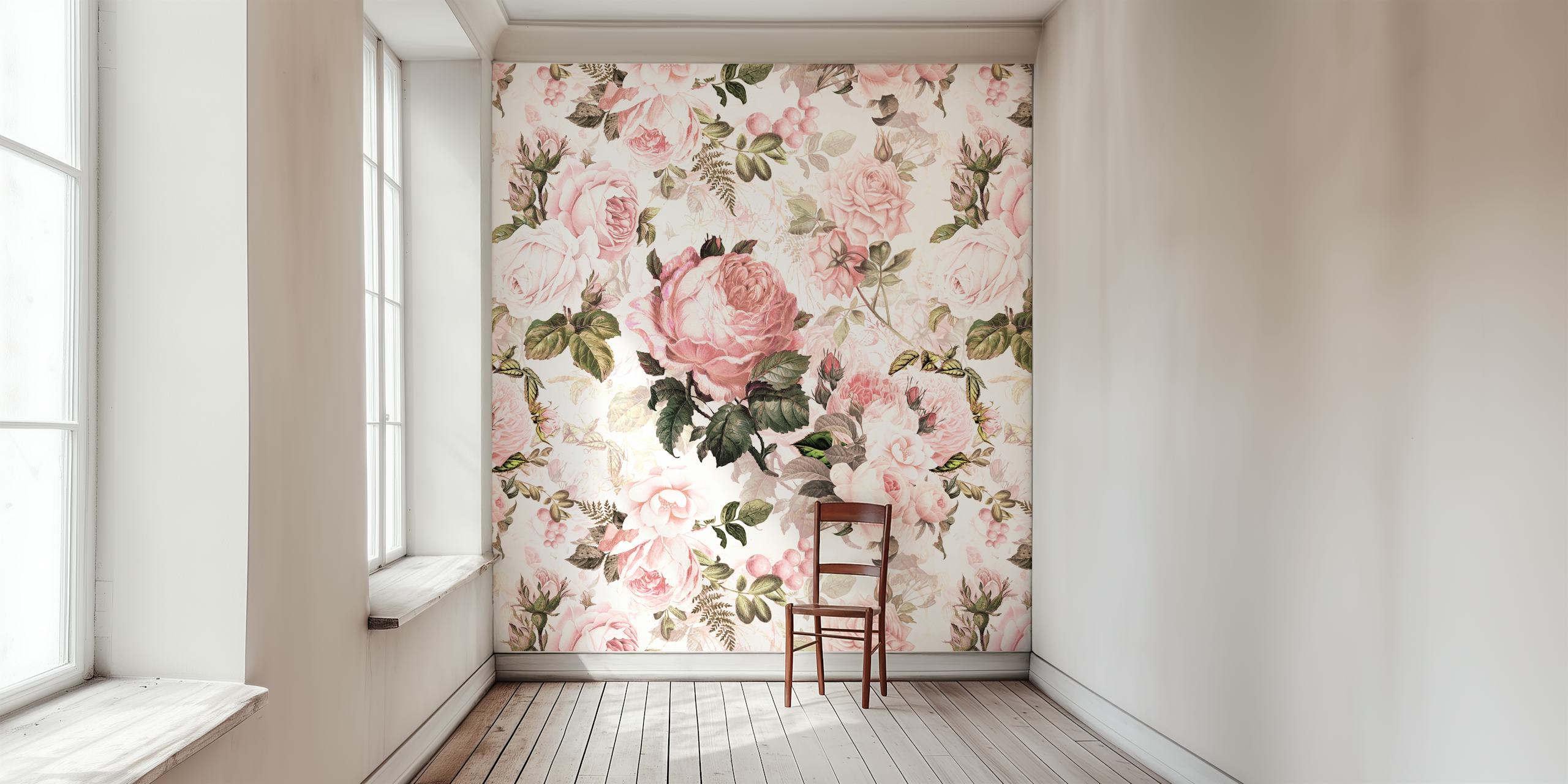 Vintage blush Victorian roses wallpaper featuring pink and green floral patterns