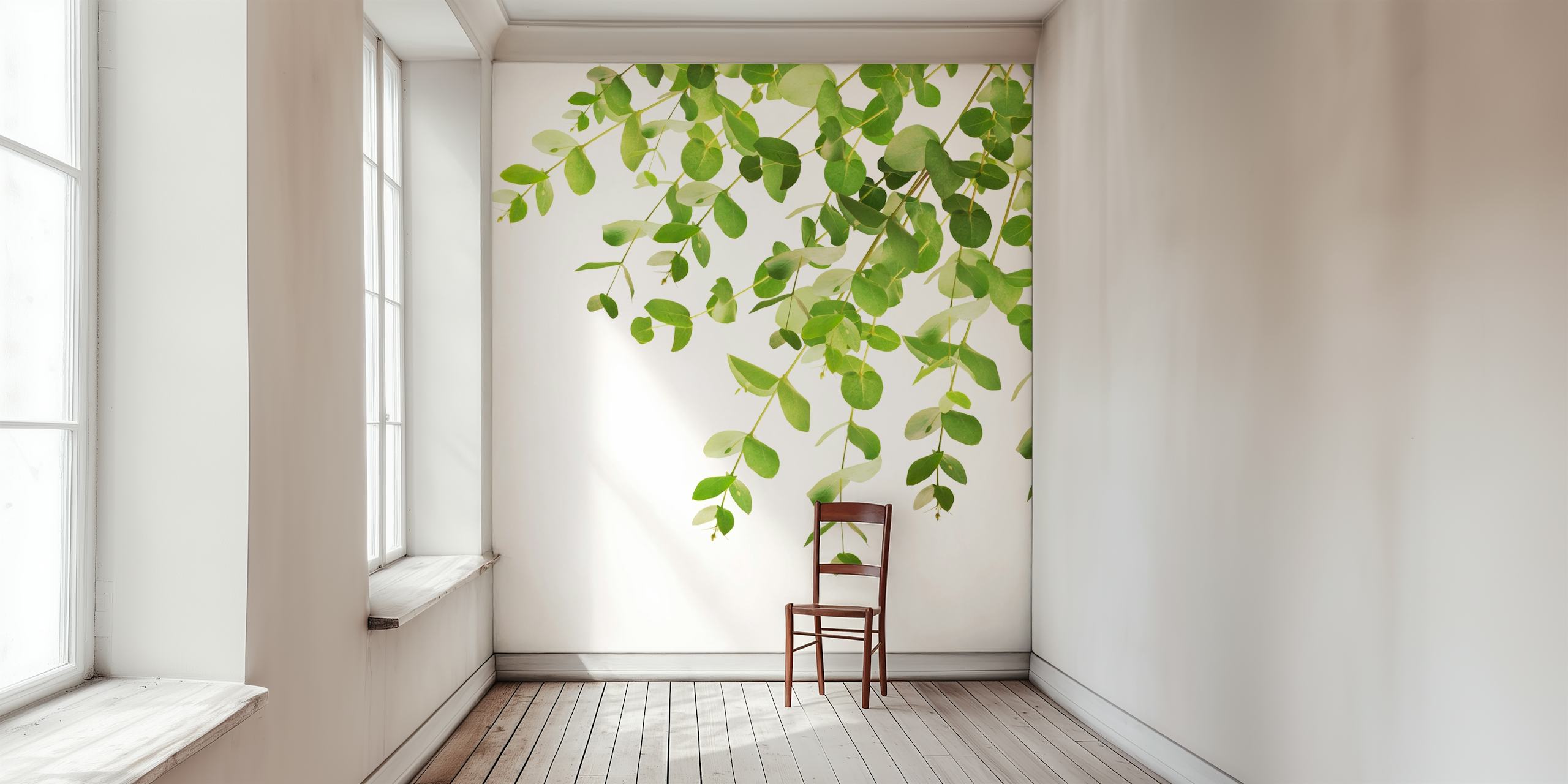 Eucalyptus branches with fresh green leaves against a bright background wall mural