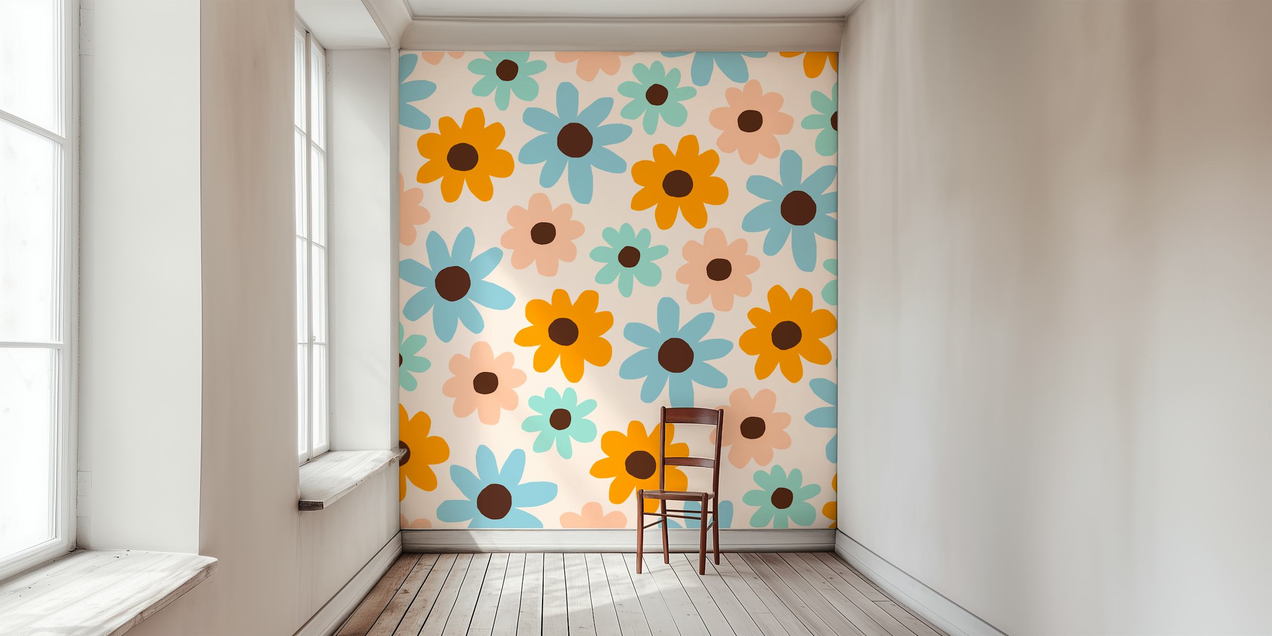 Een fotobehang met een retro bloemmotief met gestileerde bloemen in de kleuren oranje, blauw en roze op een neutrale achtergrond.