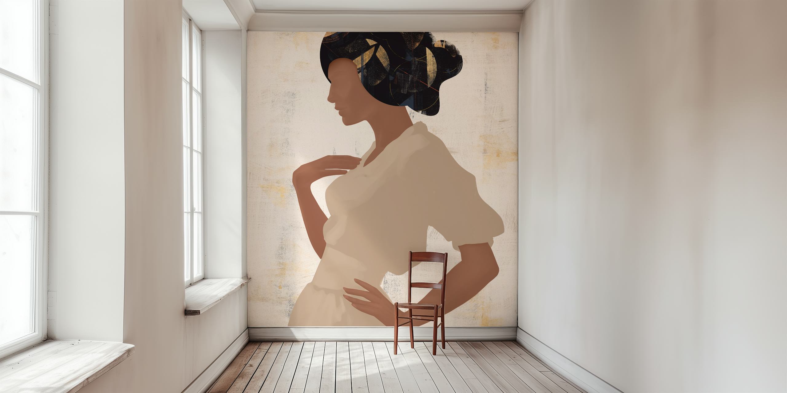 Elegant woman silhouette with floral hair design in beige